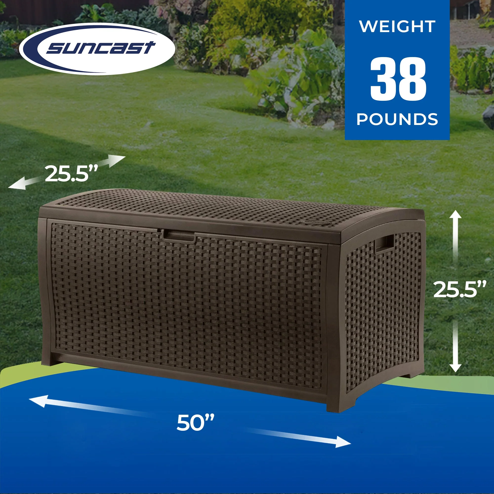 Suncast 99 Gallon Deck Garden Garage Home Wicker Resin Pool Box, Mocha (2 Pack) - Image 3
