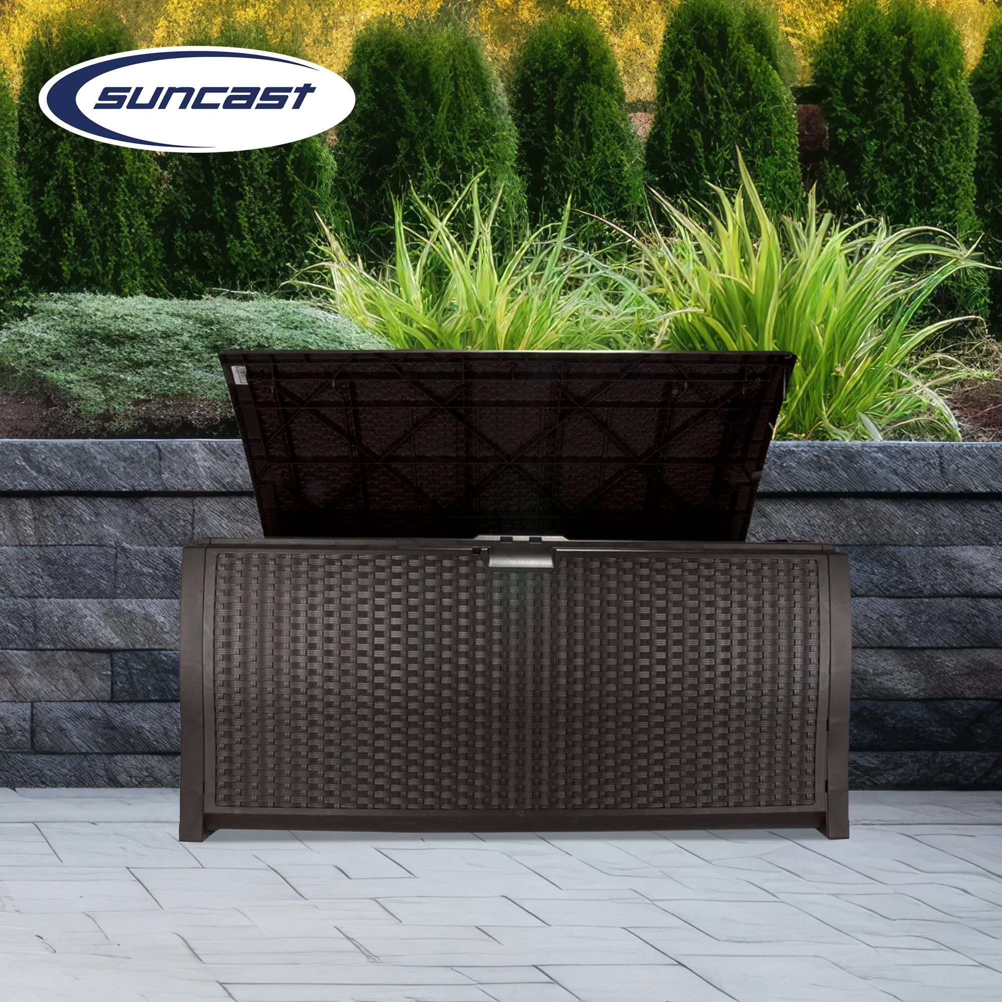 Suncast 99 Gallon Deck Garden Garage Home Wicker Resin Pool Box, Mocha (2 Pack) - Image 5