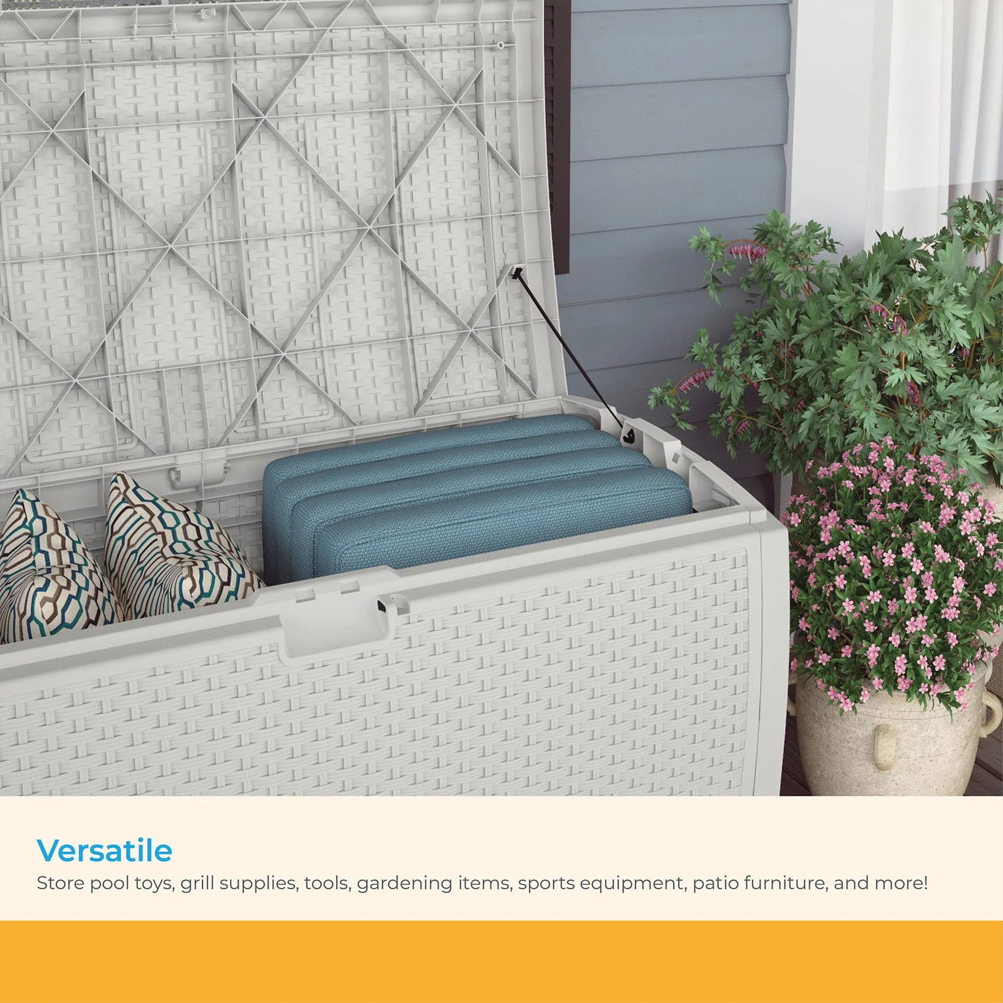 Suncast 99 Gallon Heavy Duty Resin Wicker Horizontal Outdoor Deck Box, White - Image 5