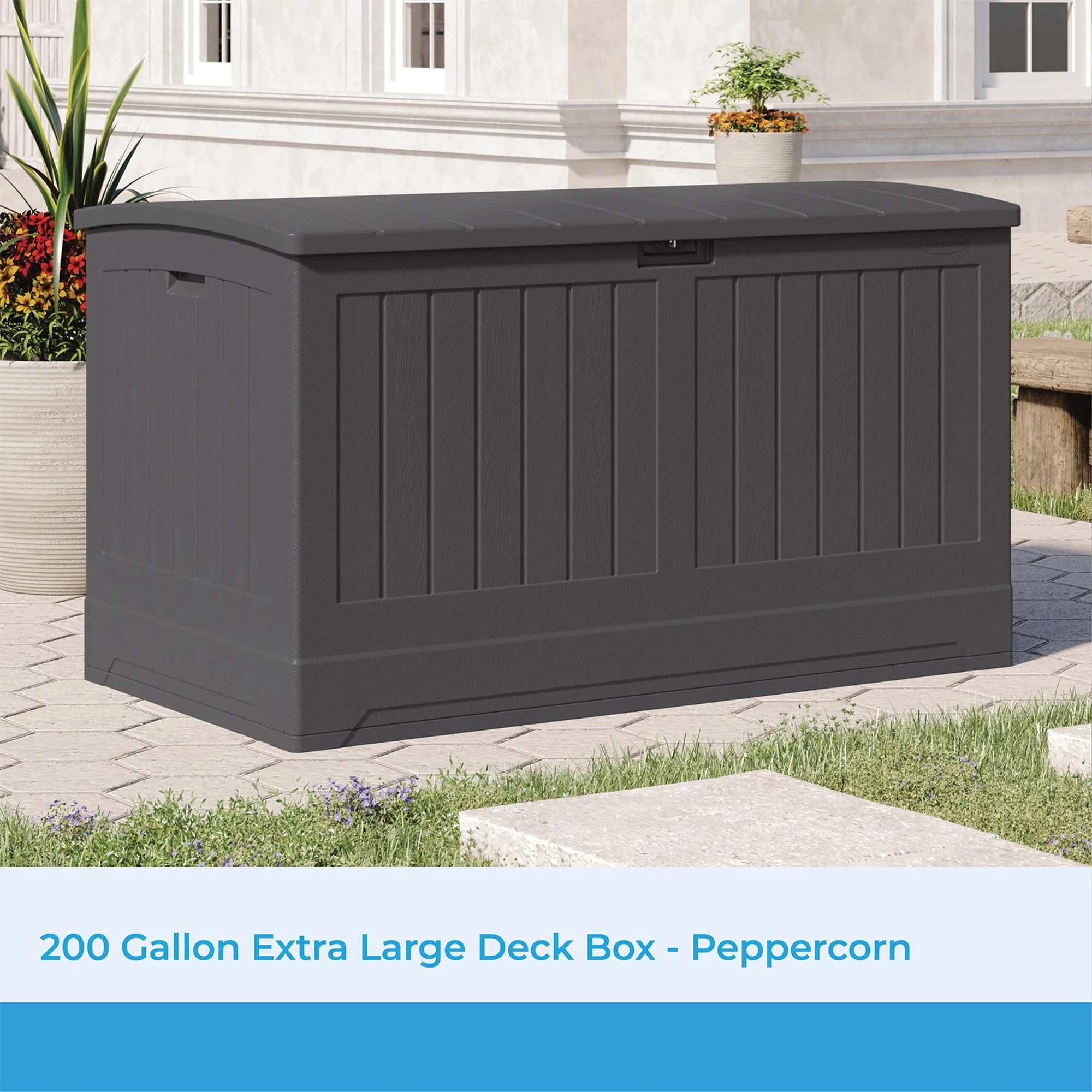 Suncast Decorative Lockable Large 200 Gallon Plastic Deck Storage Box, Gray - Image 2