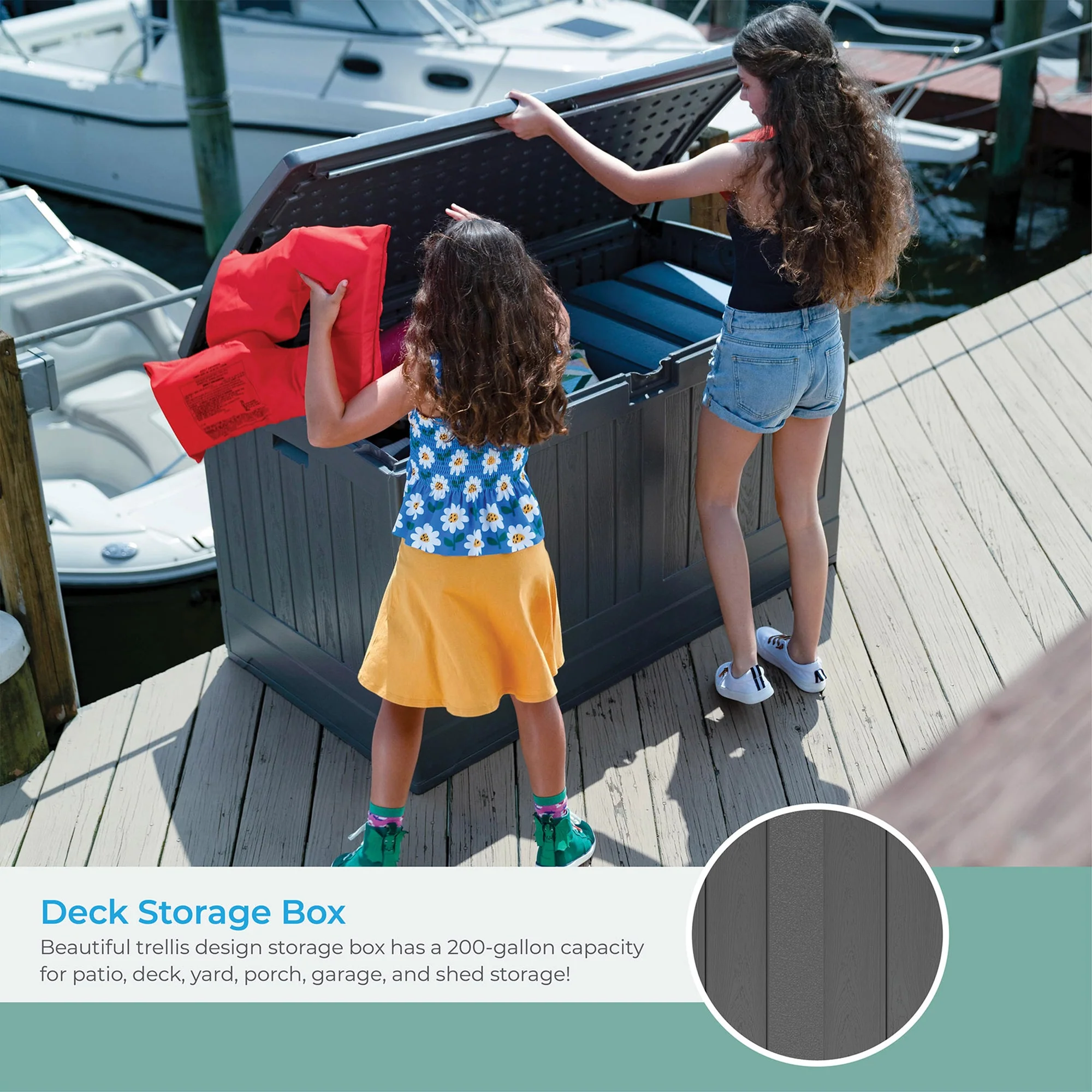 Suncast Decorative Lockable Large 200 Gallon Plastic Deck Storage Box, Gray - Image 3
