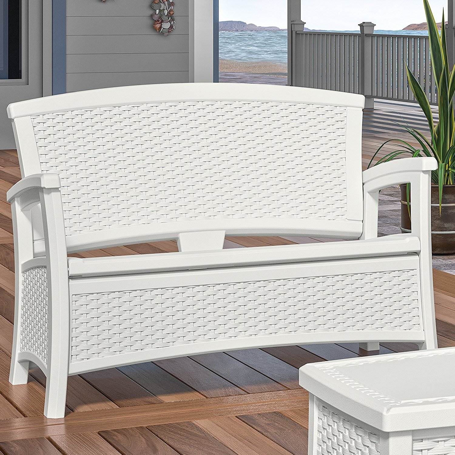 Suncast Elements Resin Wicker Design Loveseat with Storage, White (2 Pack) - Image 5