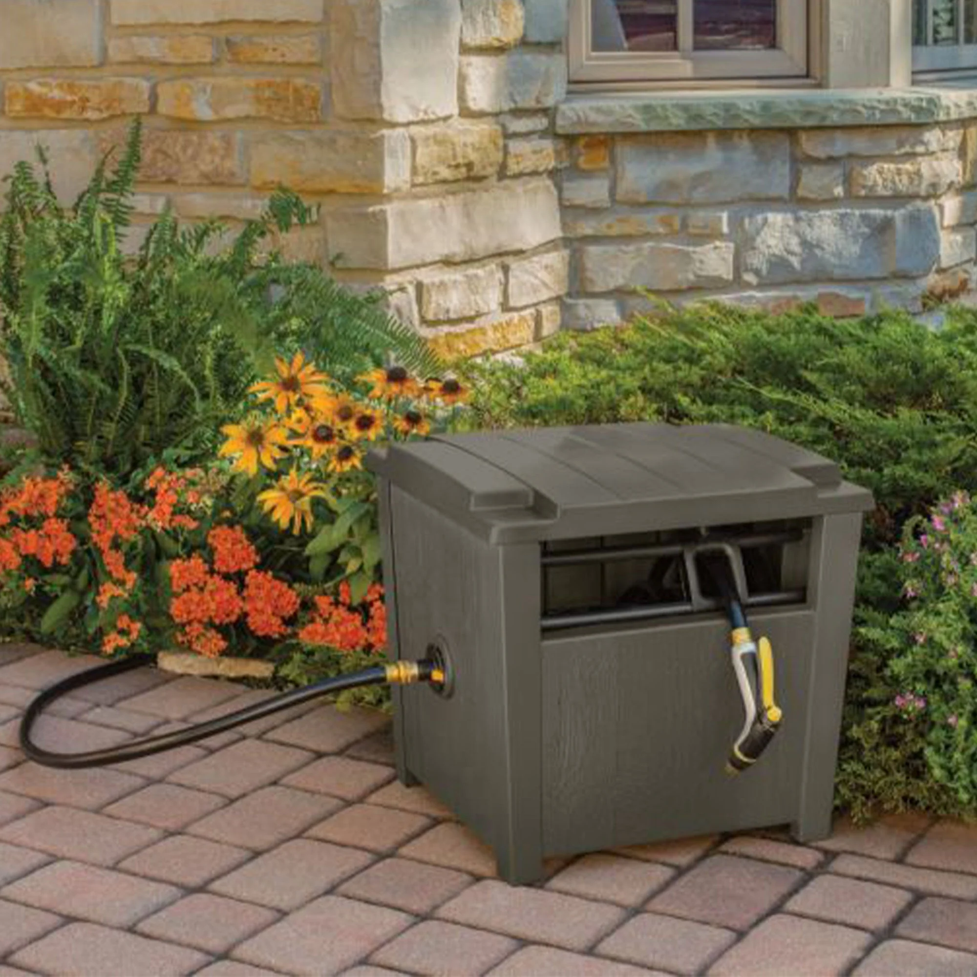 Suncast Farmington Hideaway Garden Hose Storage Pot Container, Stoney (4 Pack) - Image 9