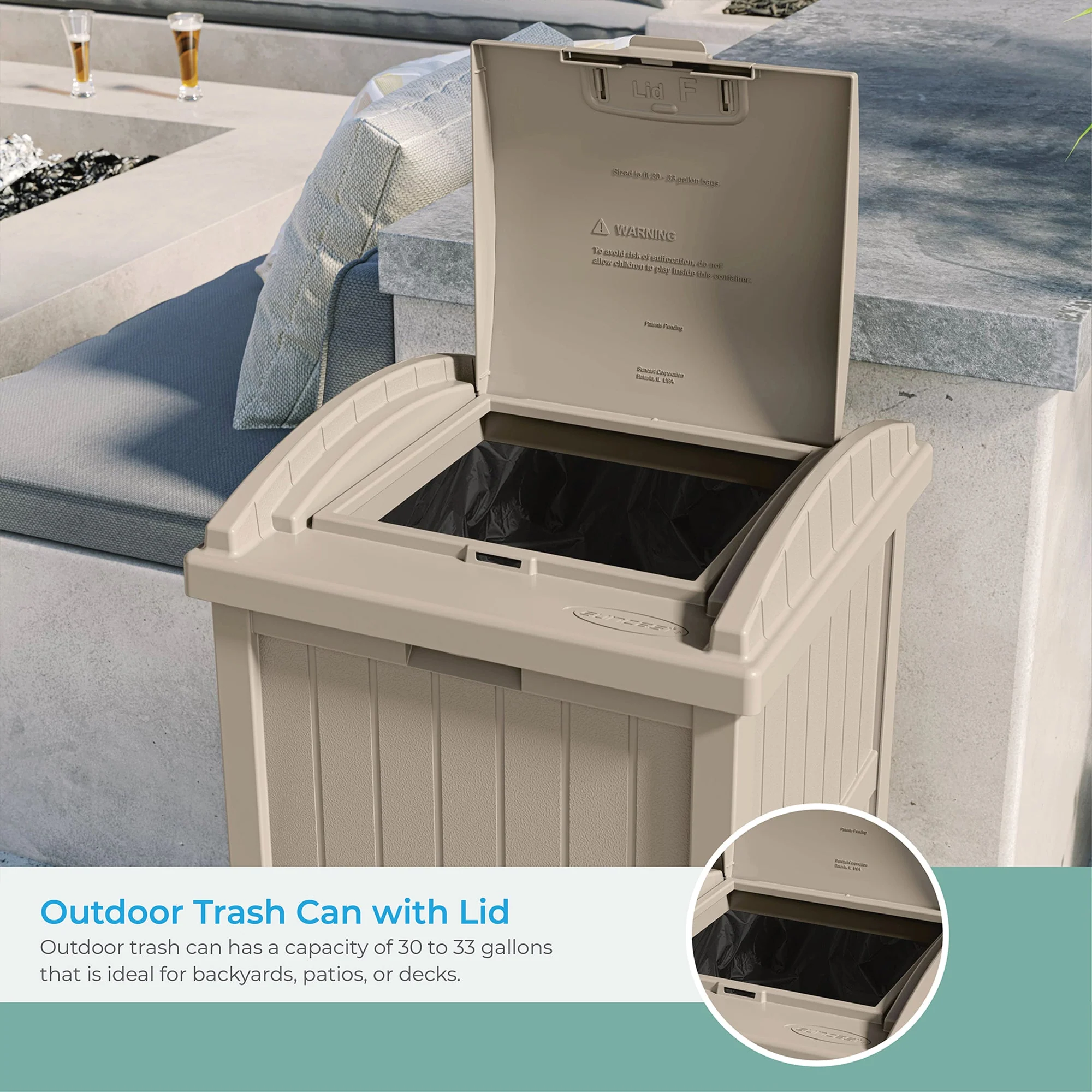 Suncast GH1732 Trash Hideaway 33 Gallon Resin Outdoor Garbage Container, Taupe - Image 3