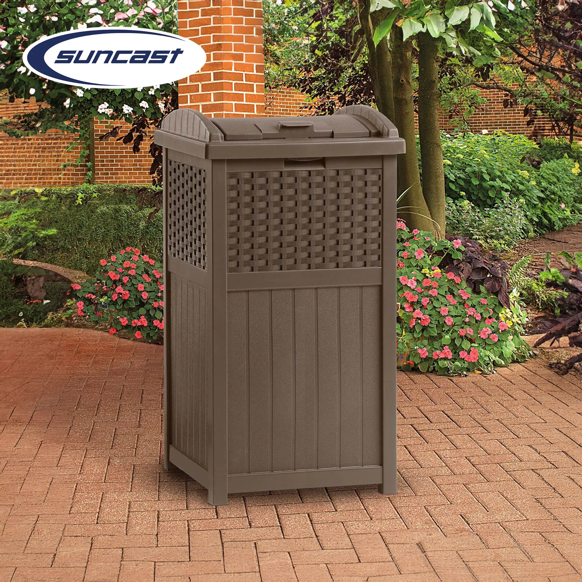Suncast GHW1732 Trashcan Hideaway Outdoor 33 Gallon Garbage Waste Bin, Brown - Image 4