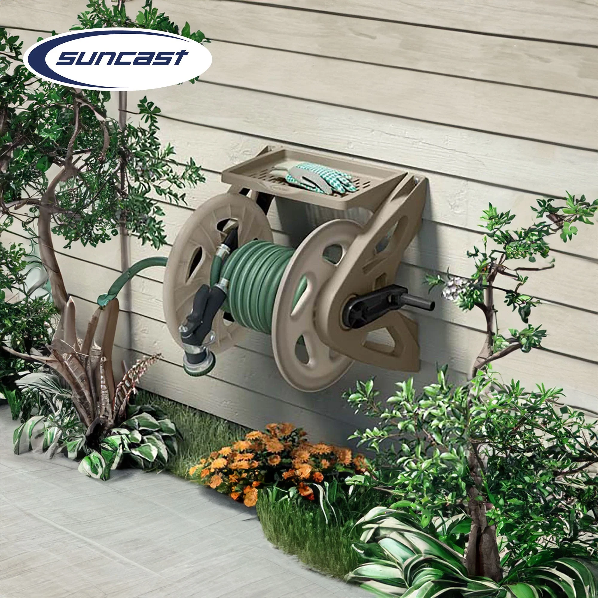 Suncast Handler 200 Foot Resin Wall Mounted Outdoor Garden Hose Reel, Taupe - Image 4