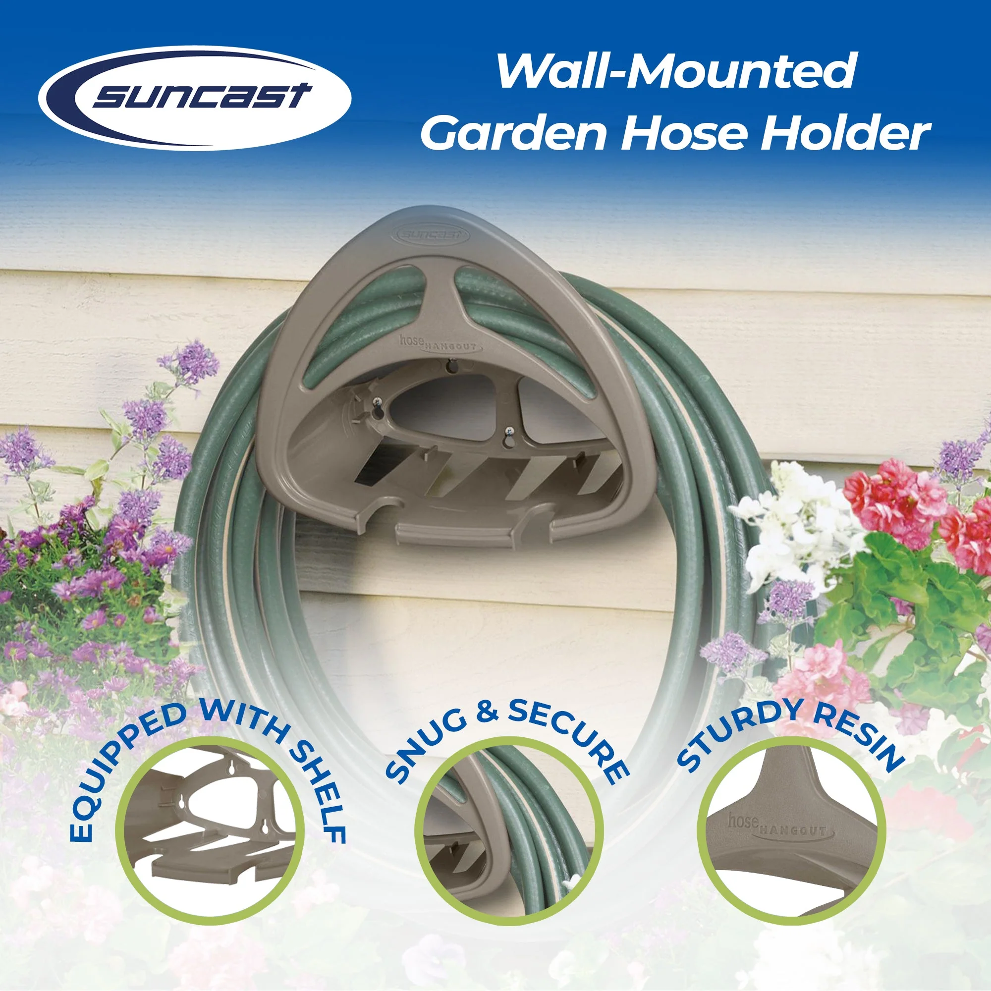 Suncast Hangout HH150 Outdoor Wall Mounted Garden Hose Holder with Shelf, Taupe - Image 2