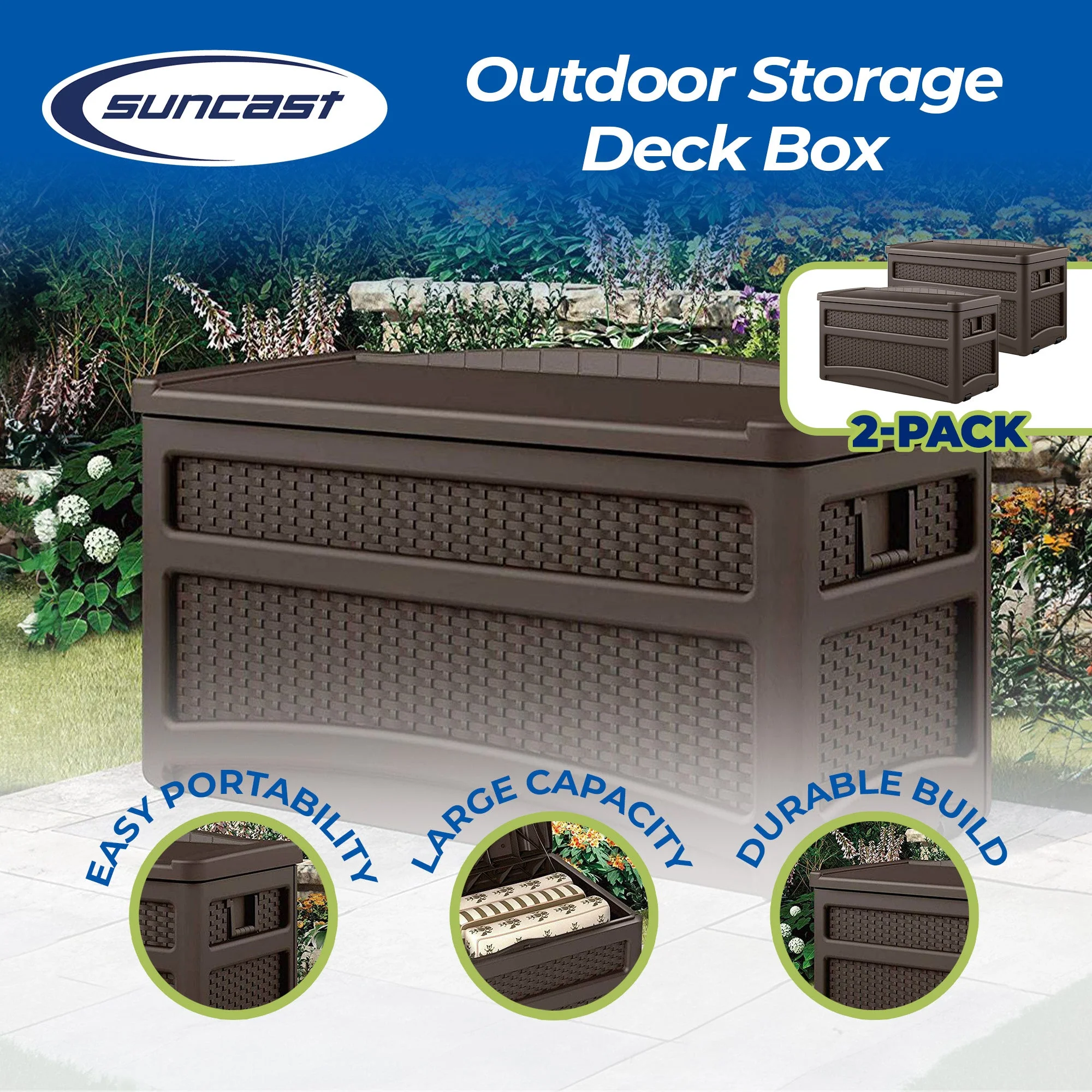 Suncast Outdoor 73 Gallon Patio Storage Chest with Handles and Seat, Java (2 Pk) - Image 2