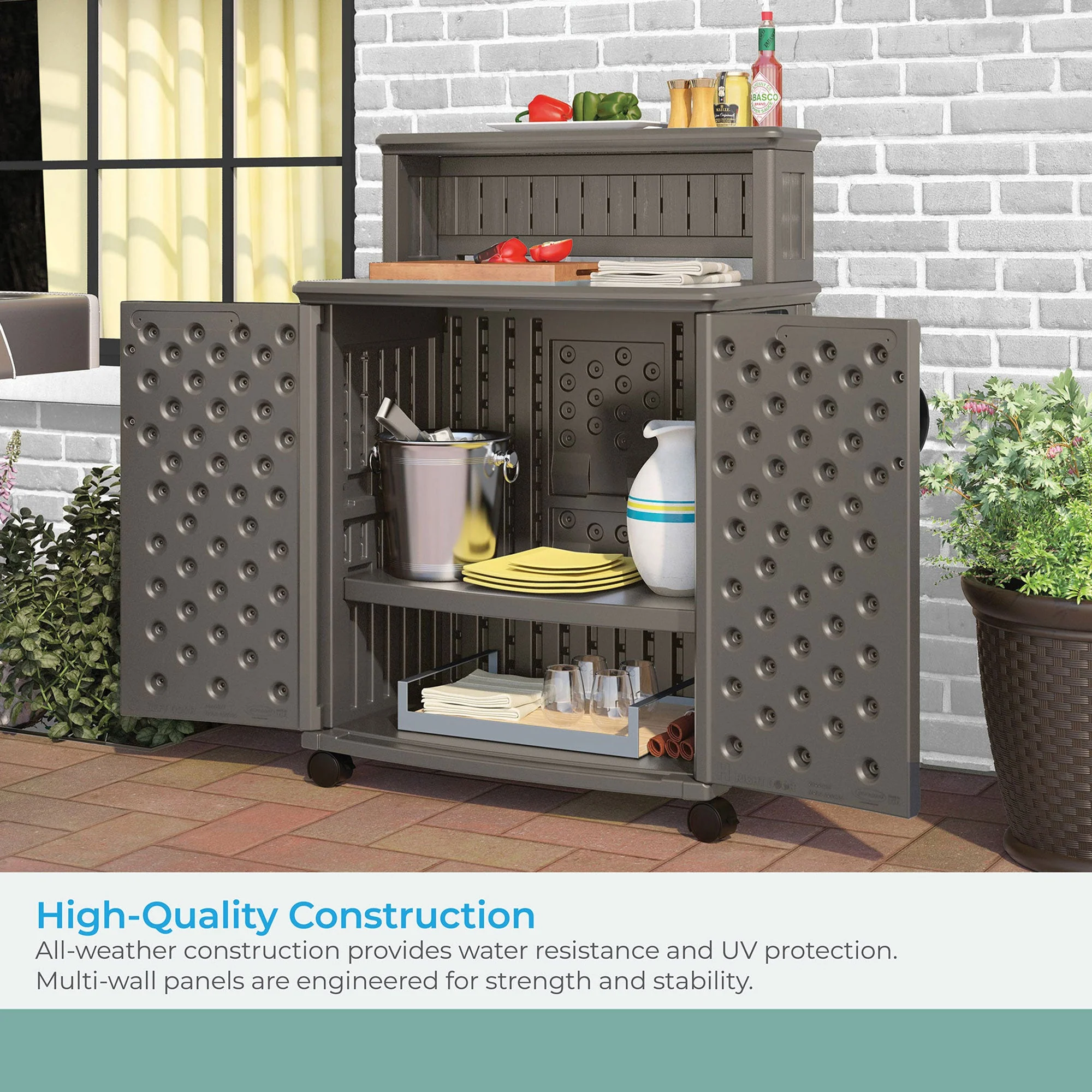 Suncast Patio Plastic Storage and Prep Station with Wicker Pattern, Stoney Gray - Image 6