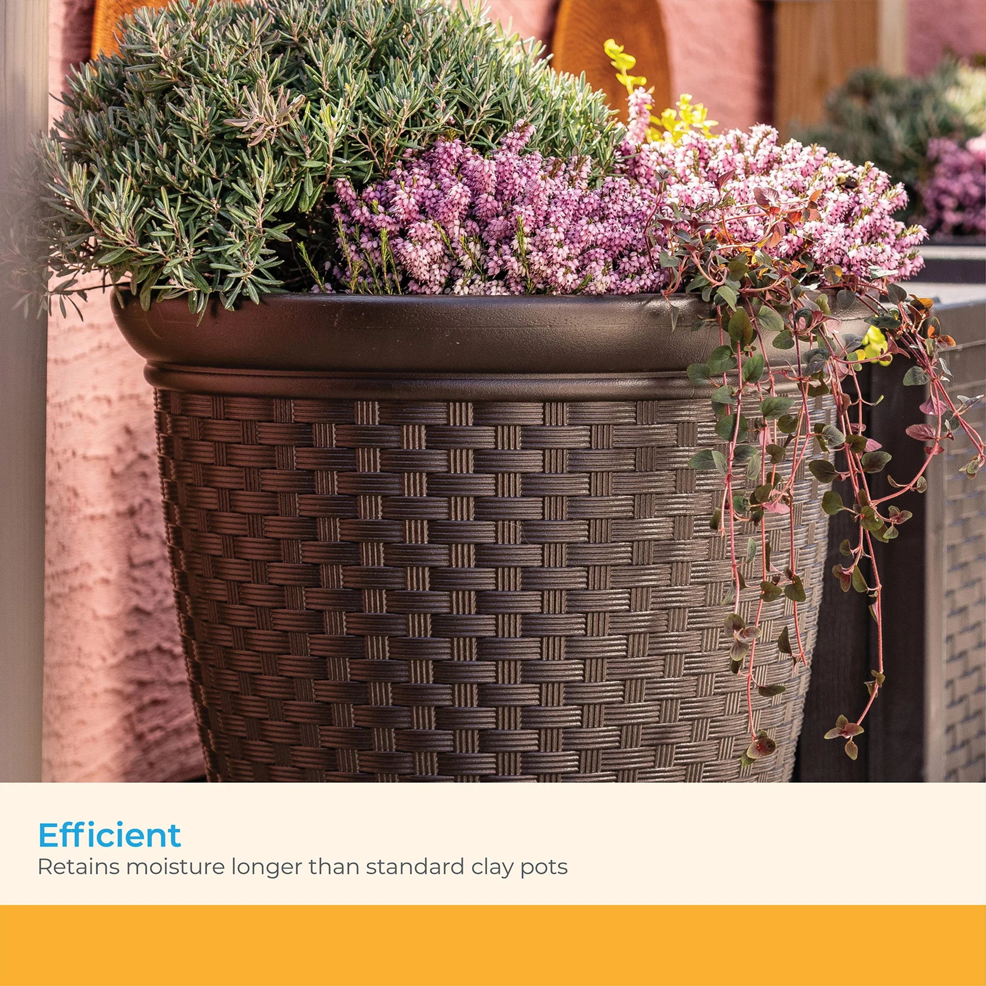 Suncast Sonora 22 Inch Resin Wicker Decorative Garden Flower Planter, Dark Brown - Image 5