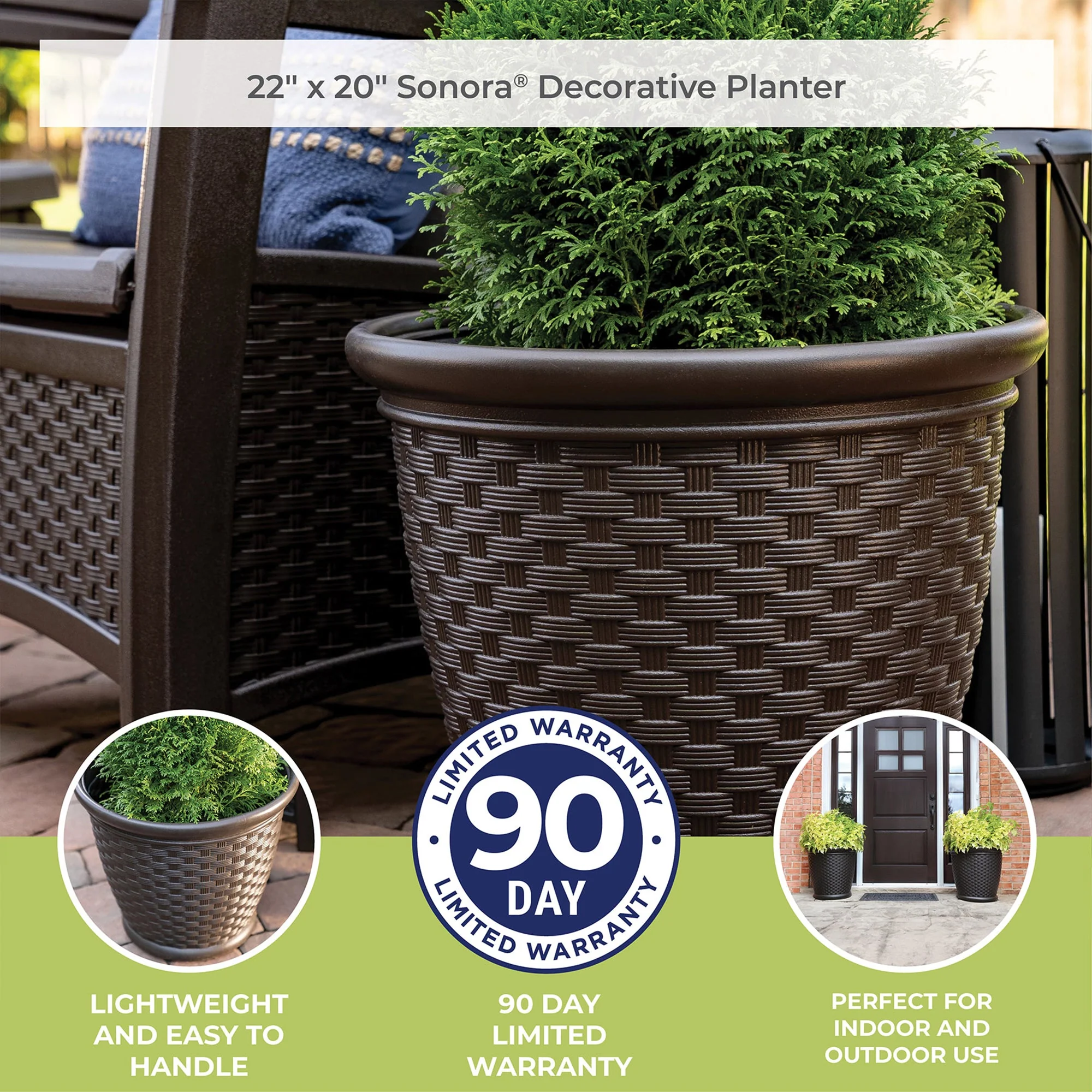 Suncast Sonora 22 Inch Resin Wicker Decorative Garden Flower Planter, Dark Brown - Image 7