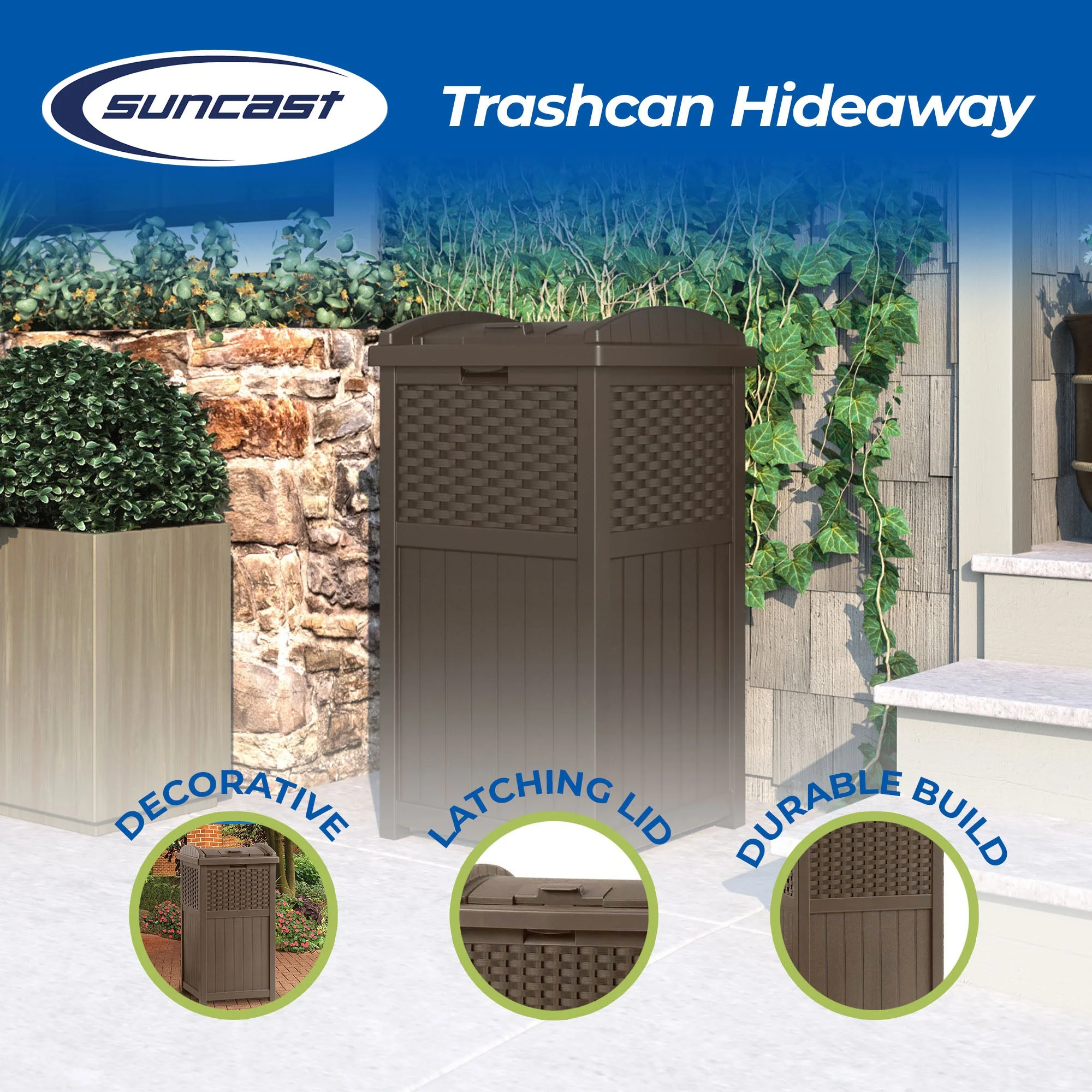Suncast Trashcan Hideaway Outdoor 33 Gallon Garbage Waste Bin, Brown (2 Pack) - Image 6