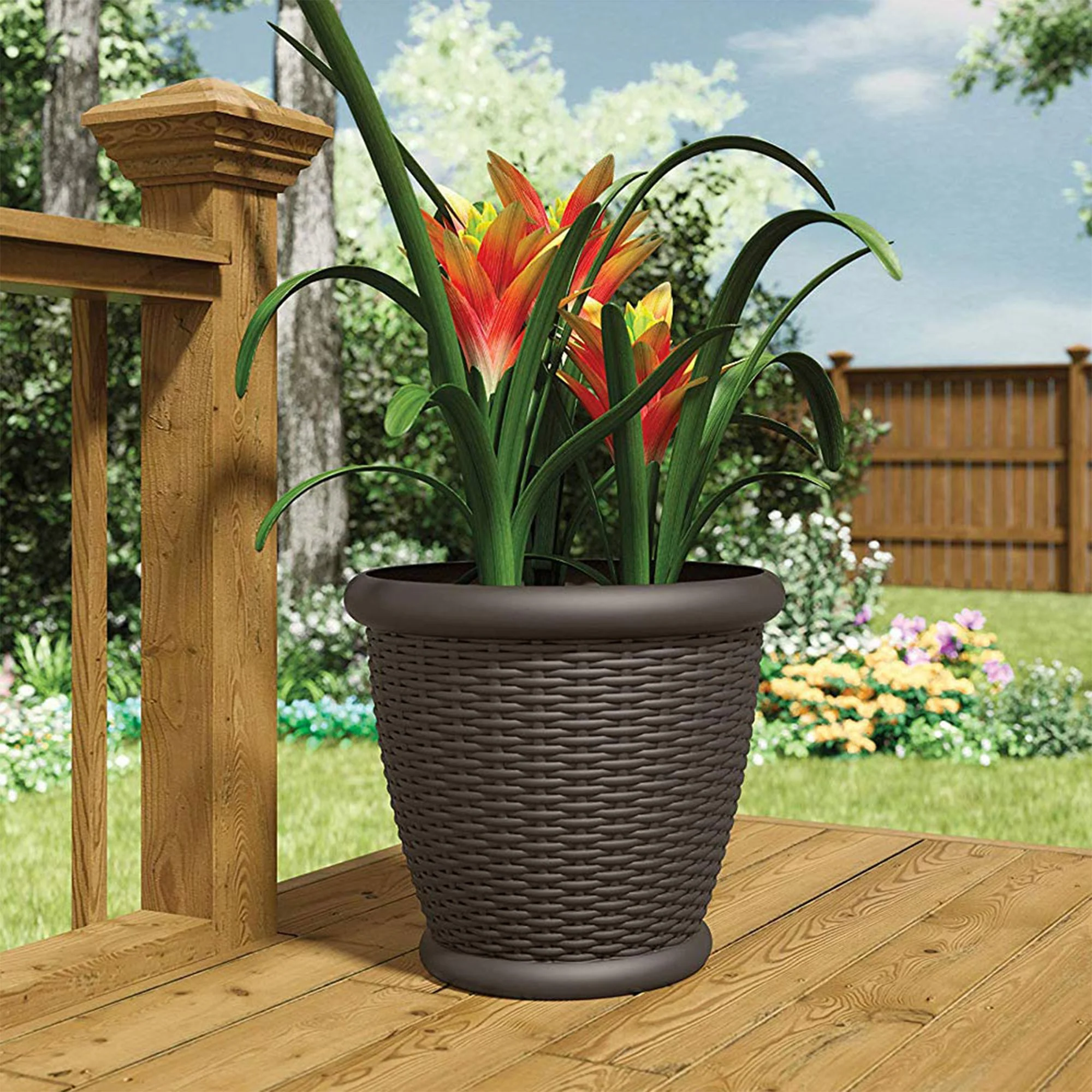 Suncast Willow 18" Diameter Decorative Wicker Patio Planter Pot, Java (2 Pack) - Image 6