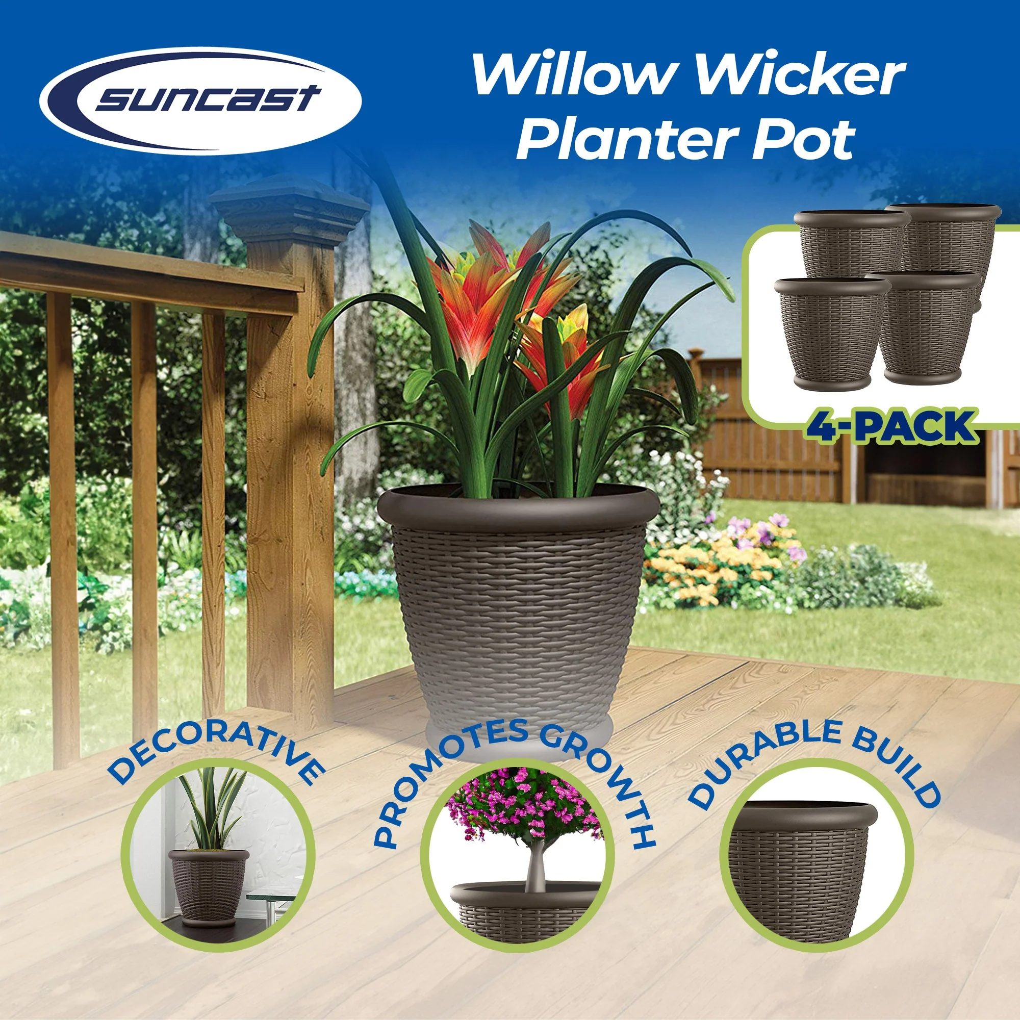 Suncast Willow 18" Diameter Decorative Wicker Patio Planter Pot, Java (4 Pack) - Image 2