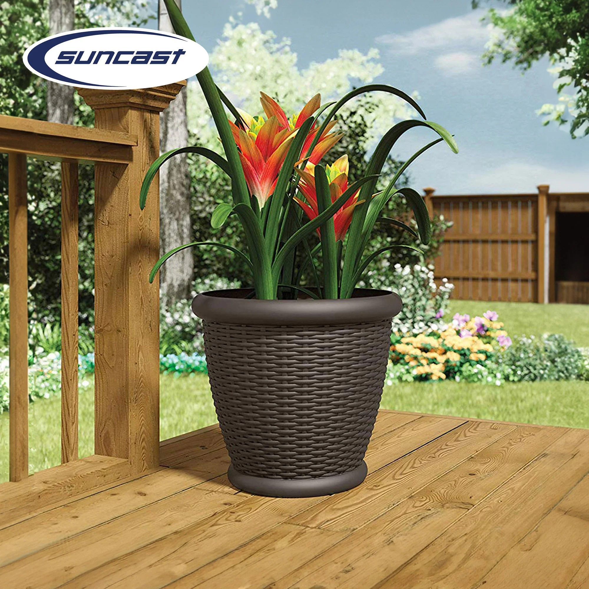 Suncast Willow 18" Diameter Decorative Wicker Patio Planter Pot, Java (4 Pack) - Image 4