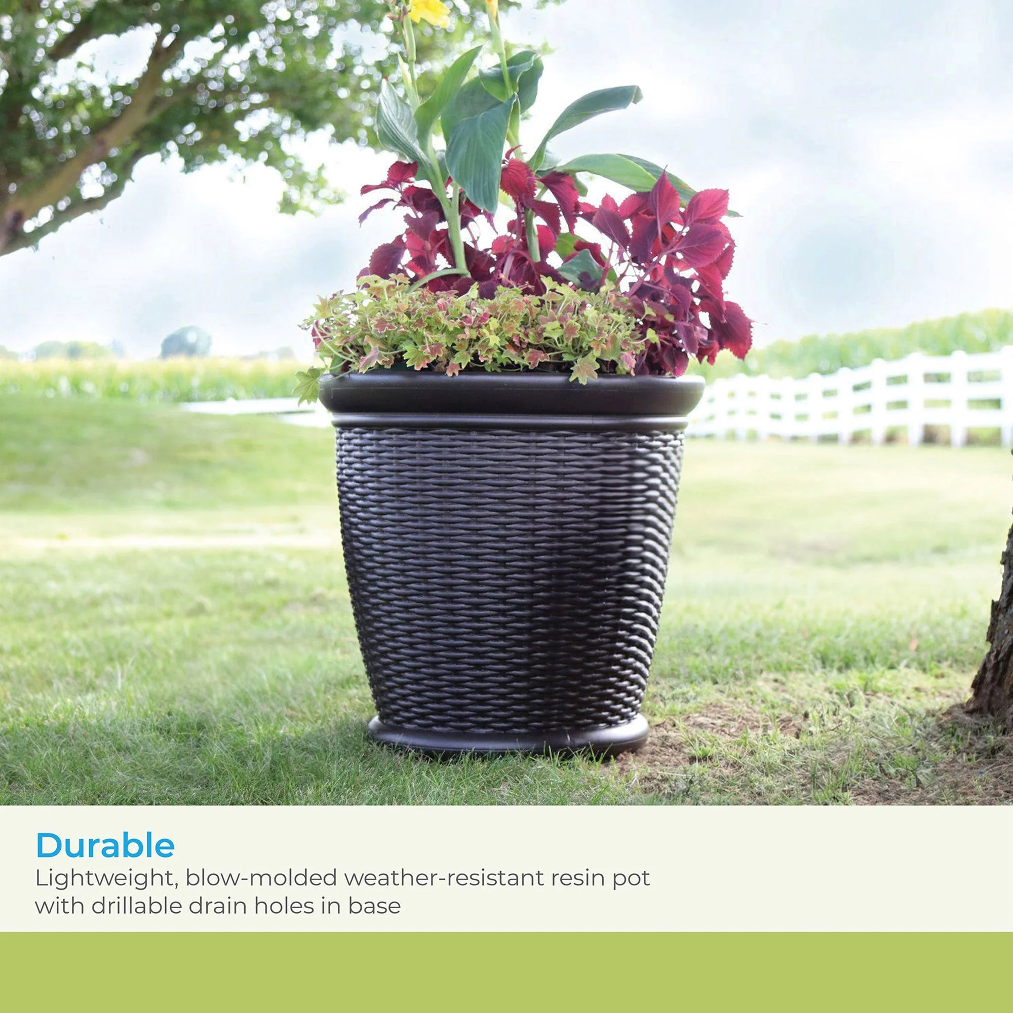 Suncast Willow 18 Inch Diameter Resin Decorative Wicker Patio Planter Pot, Java - Image 4