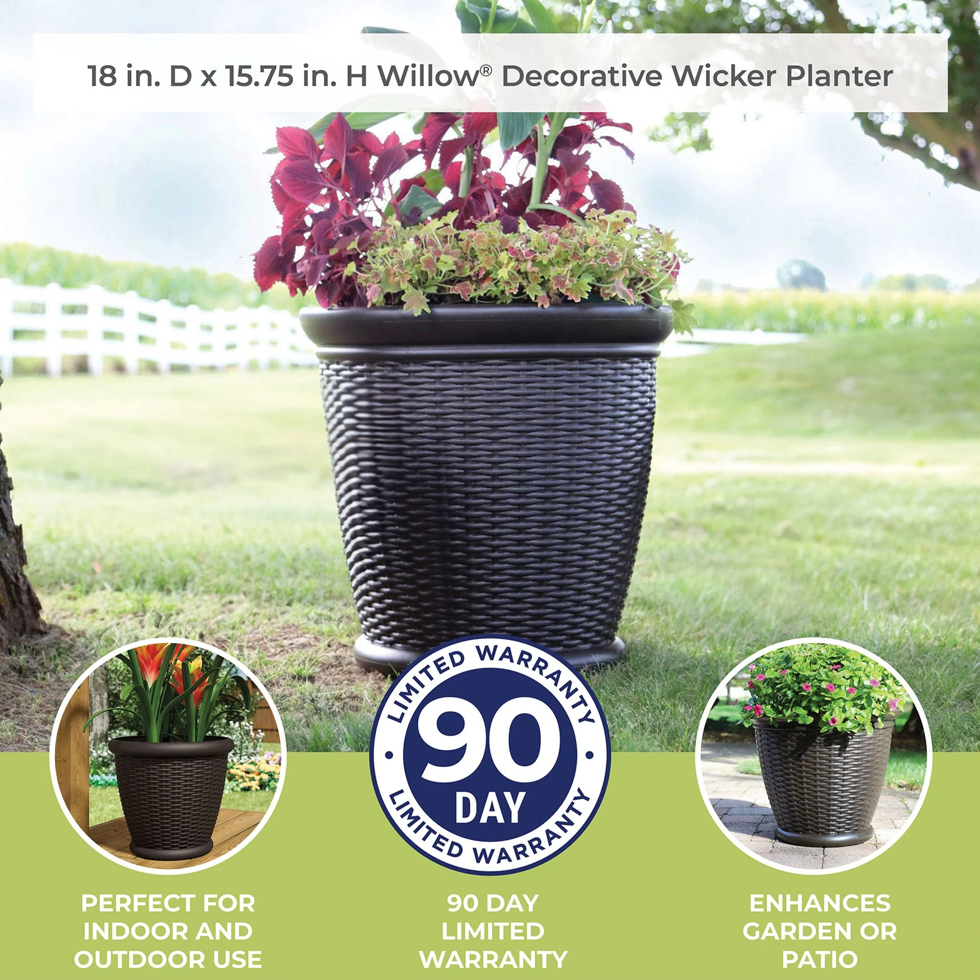 Suncast Willow 18 Inch Diameter Resin Decorative Wicker Patio Planter Pot, Java - Image 7