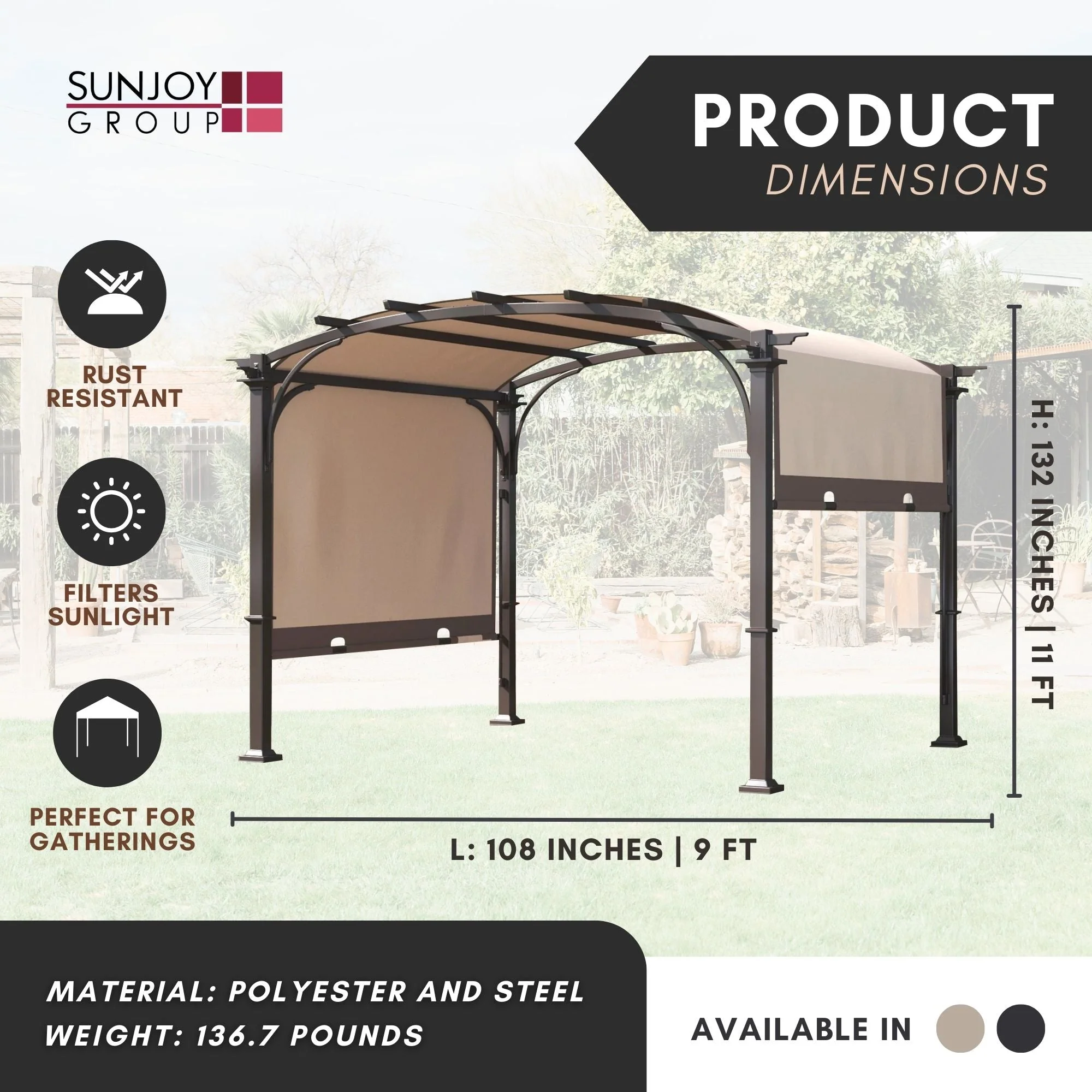 Sunjoy 9 x 11 Foot Arched Pergola Cover Outdoor Backyard Roof Shaded Canopy Tent - Image 6