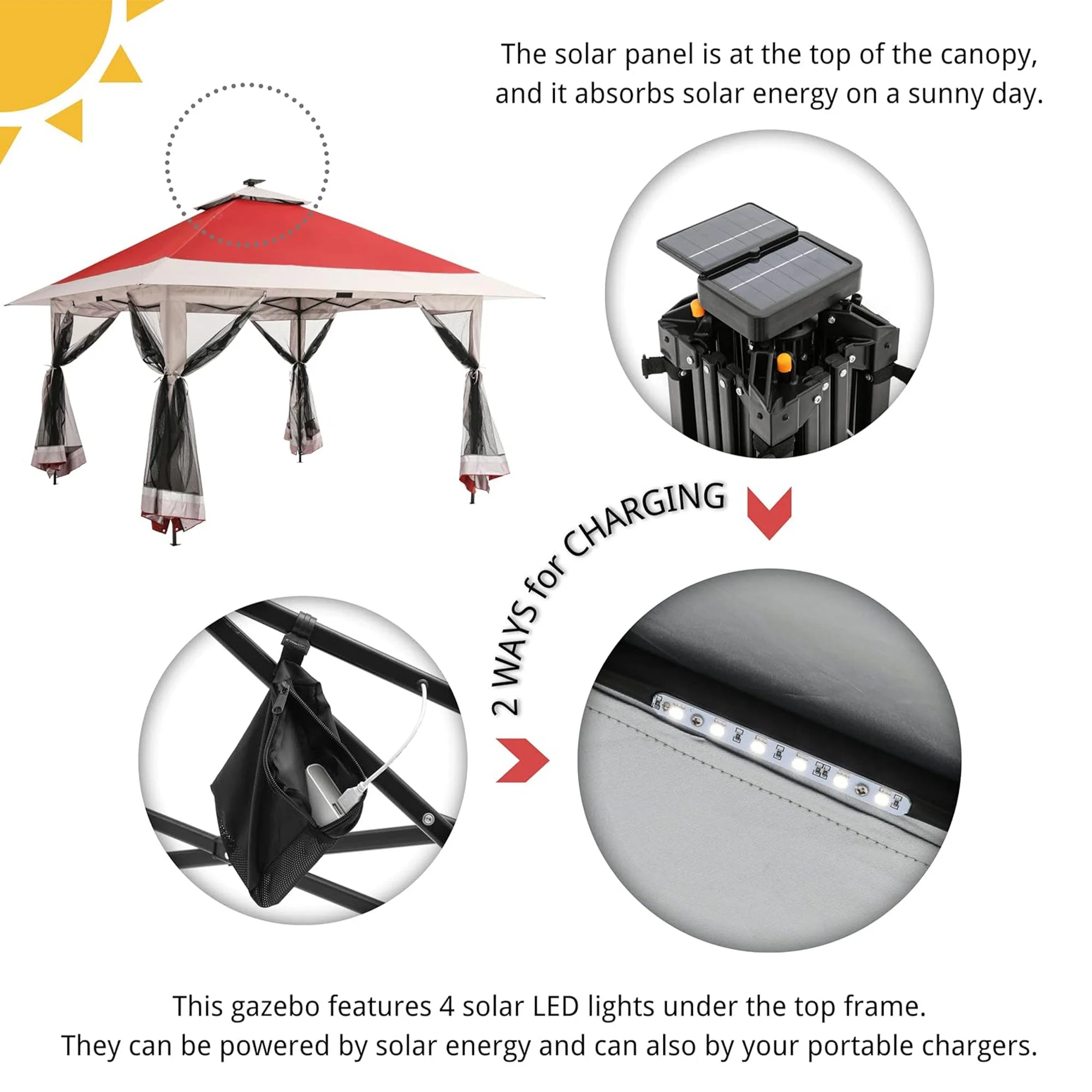 Suntime 12x12 Instant Pop Up Gazebo Solar Light Screen Canopy Tent Shelter, Red - Image 2