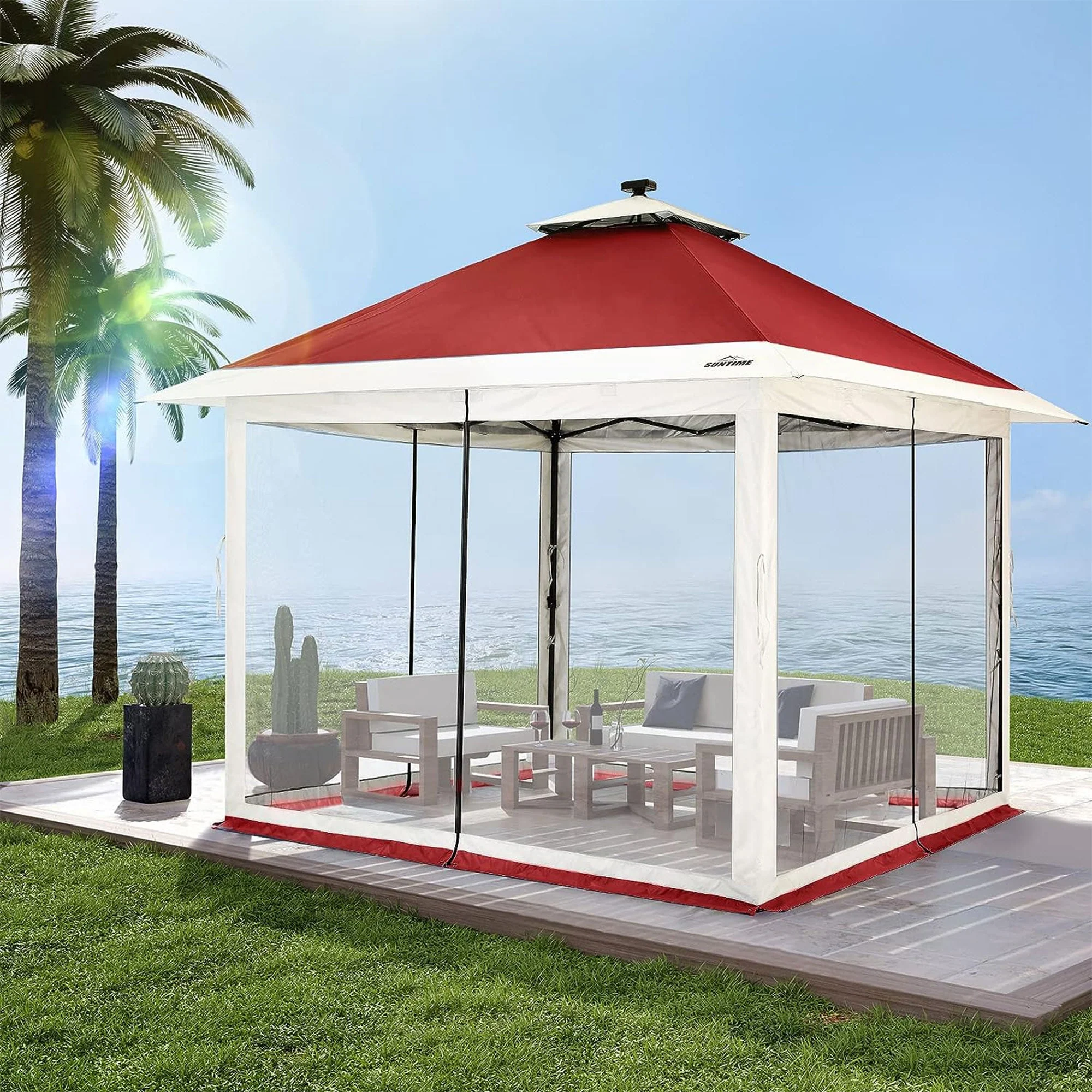 Suntime 12x12 Instant Pop Up Gazebo Solar Light Screen Canopy Tent Shelter, Red - Image 7