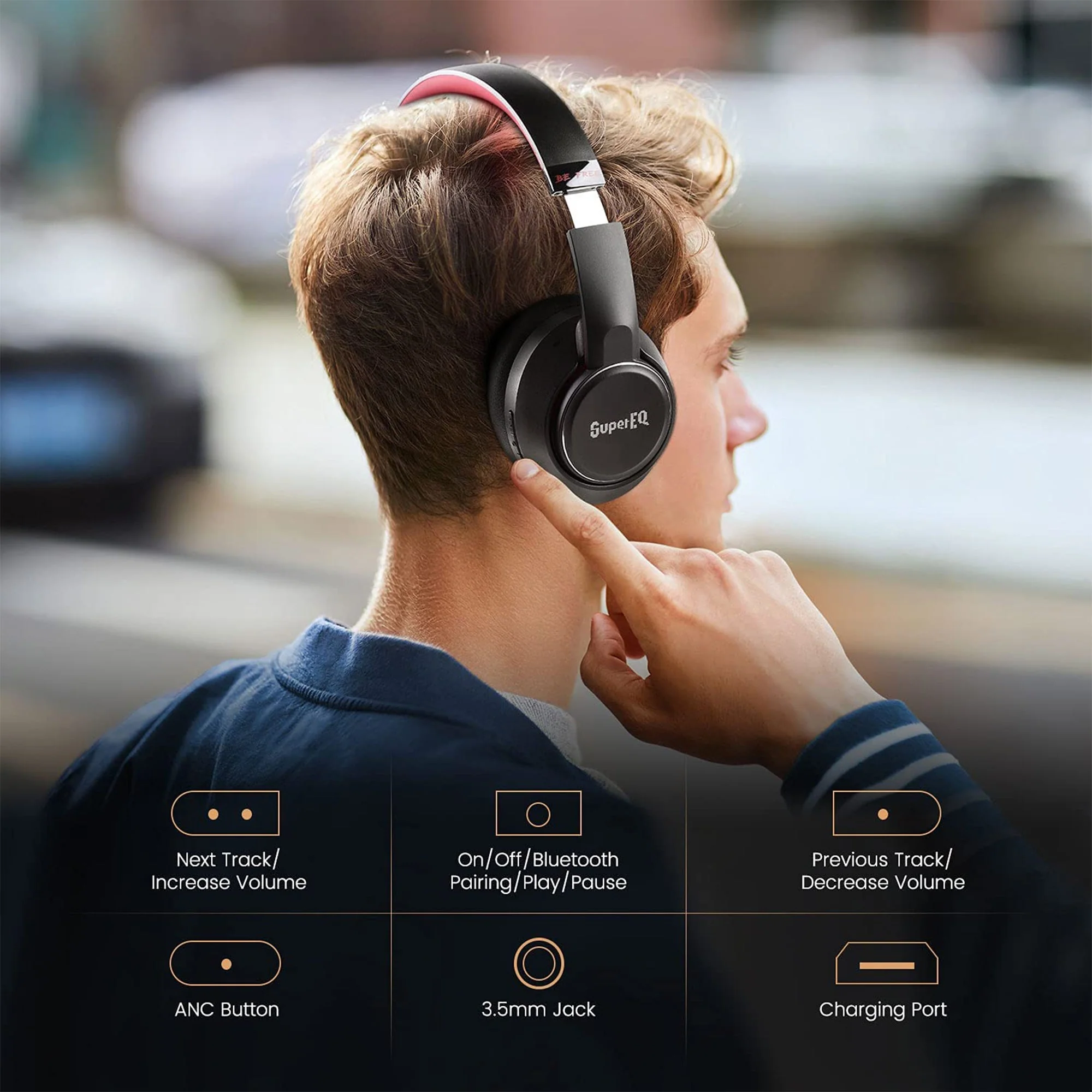 SuperEQ S1 Hybrid Headphones with Bluetooth, Transparency, and ANC Mode, Black - Image 7