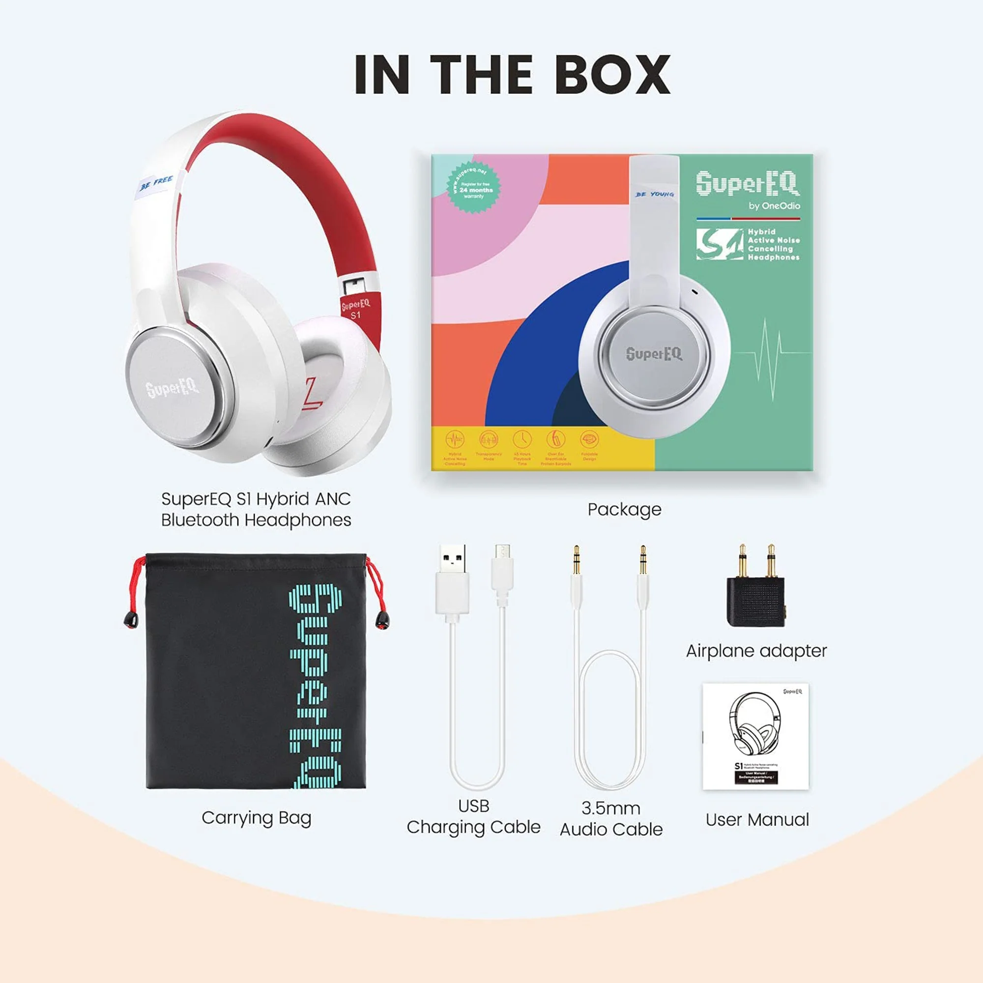 SuperEQ S1 Hybrid Headphones with Bluetooth, Transparency, and ANC Mode, White - Image 3