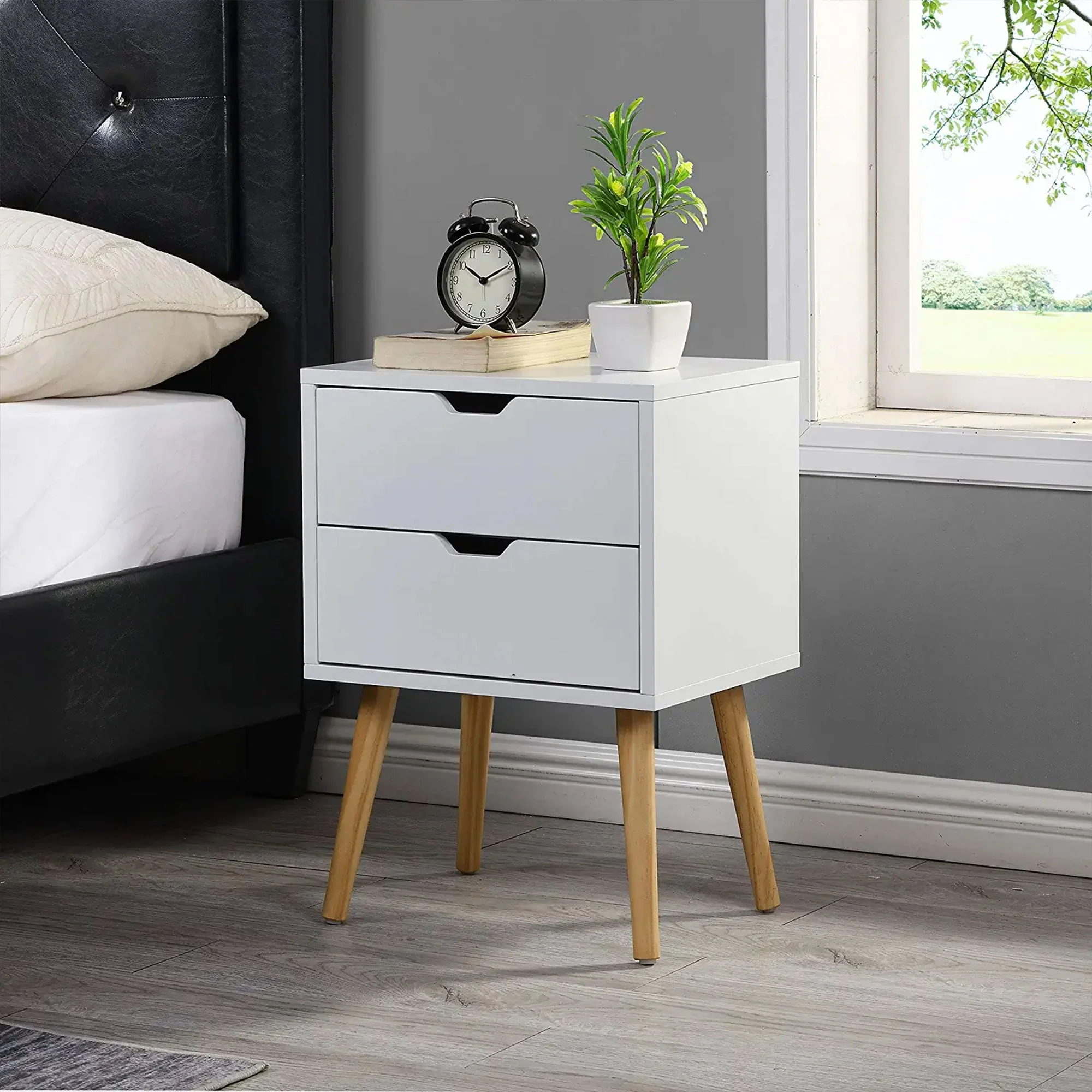 Sweetgo Modern Wooden Nightstand End Side Table with 2 Storage Drawers, White - Image 5