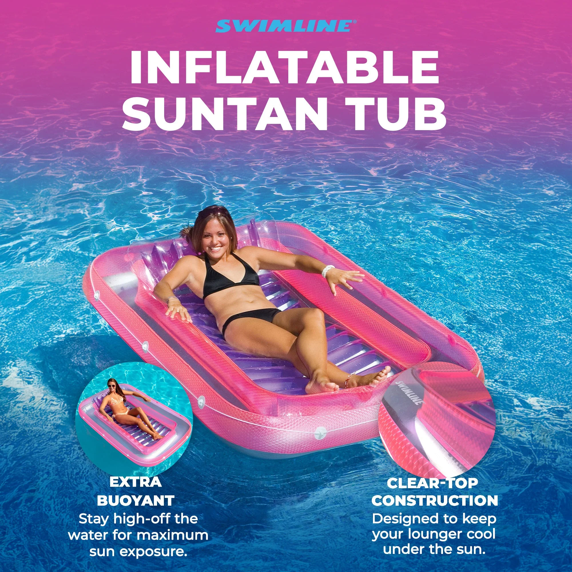 Swimline Classic Edition Inflatable Suntan Tub Floating Pool Hybrid Lounge, Pink - Image 2