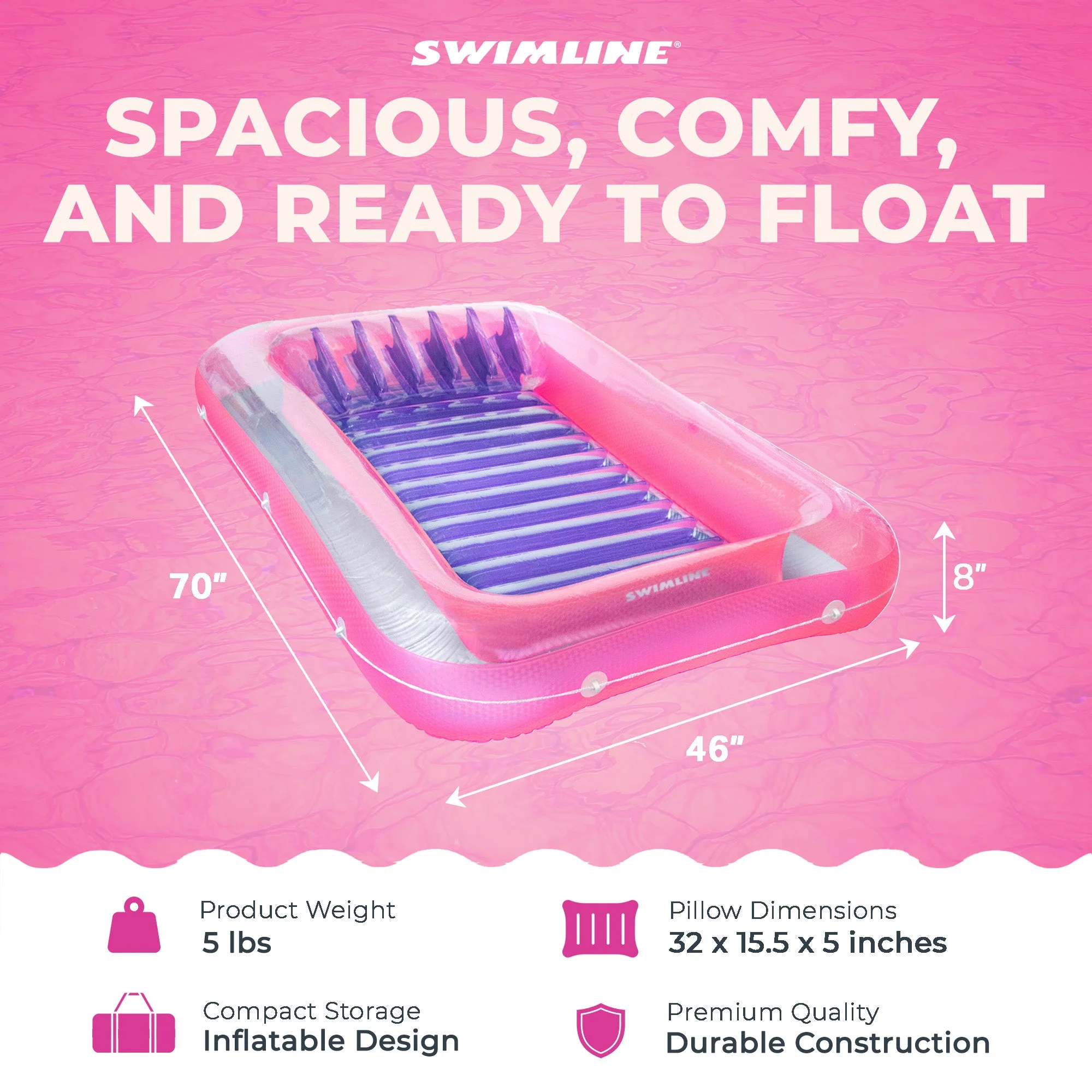 Swimline Classic Edition Inflatable Suntan Tub Floating Pool Hybrid Lounge, Pink - Image 4