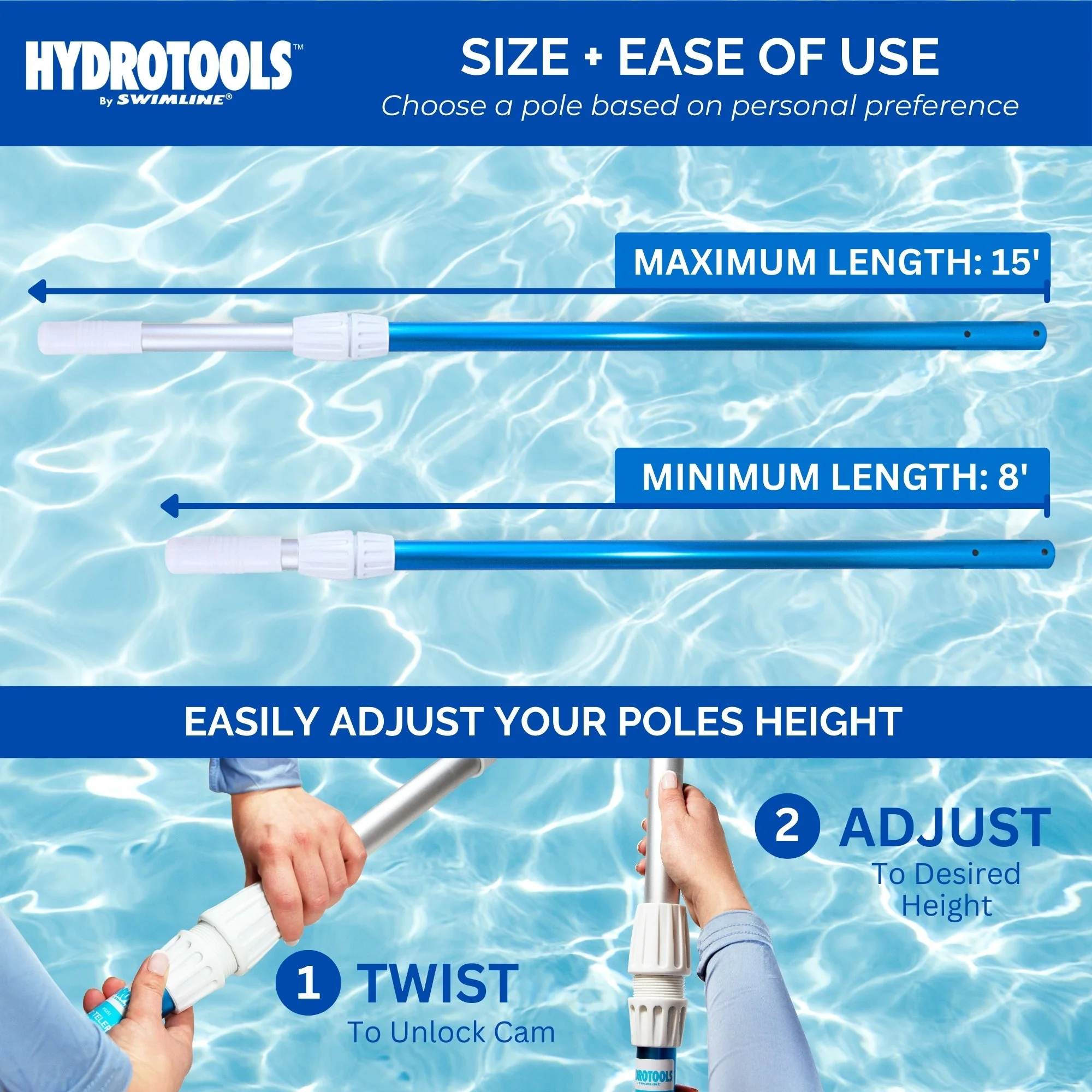 Swimline Hydrotools 2 Piece Telescopic Pole with Locking Cams for Pool Cleaning - Image 3