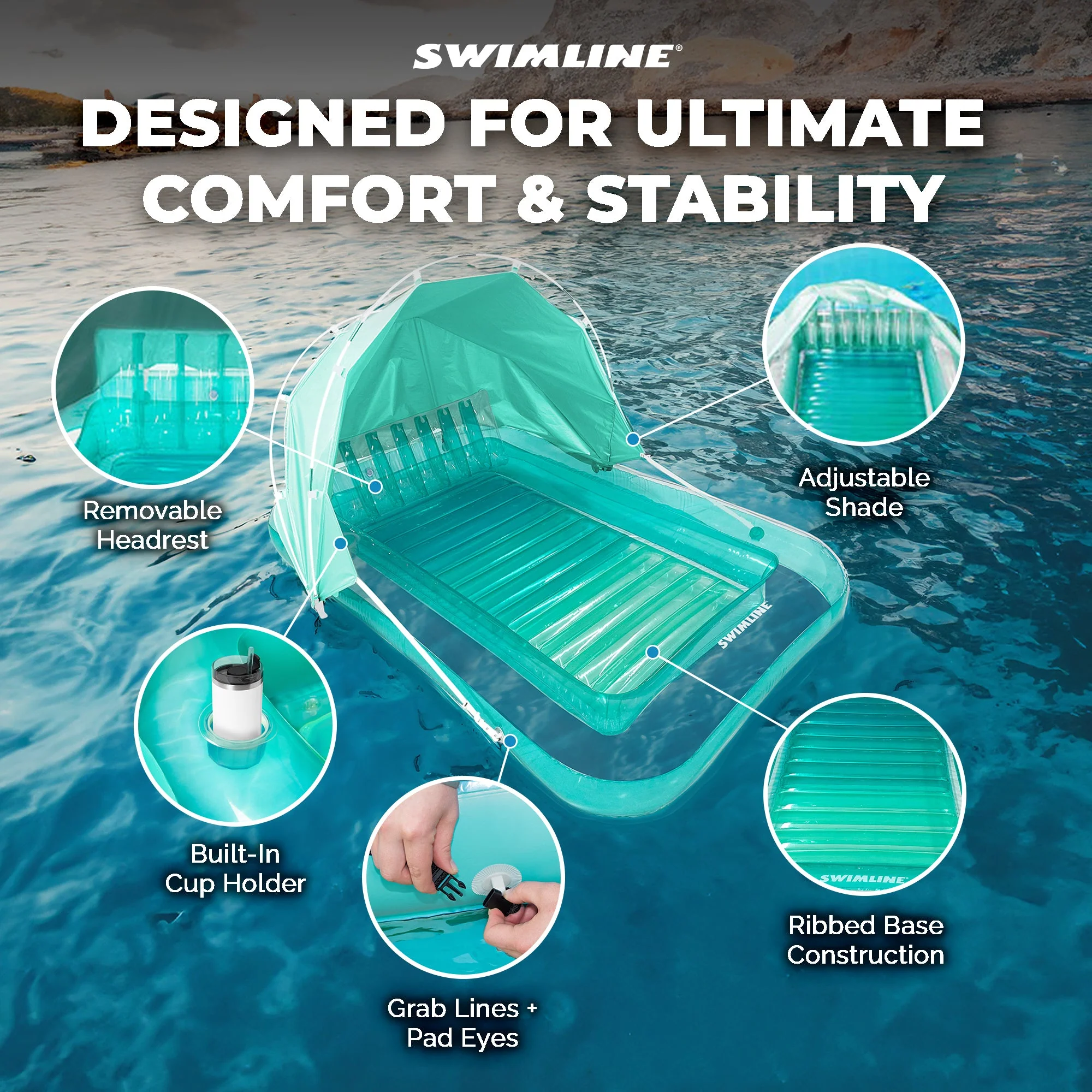 Swimline Original Inflatable Suntan Tub Lounge Float with Adjustable Shade, Mint - Image 5