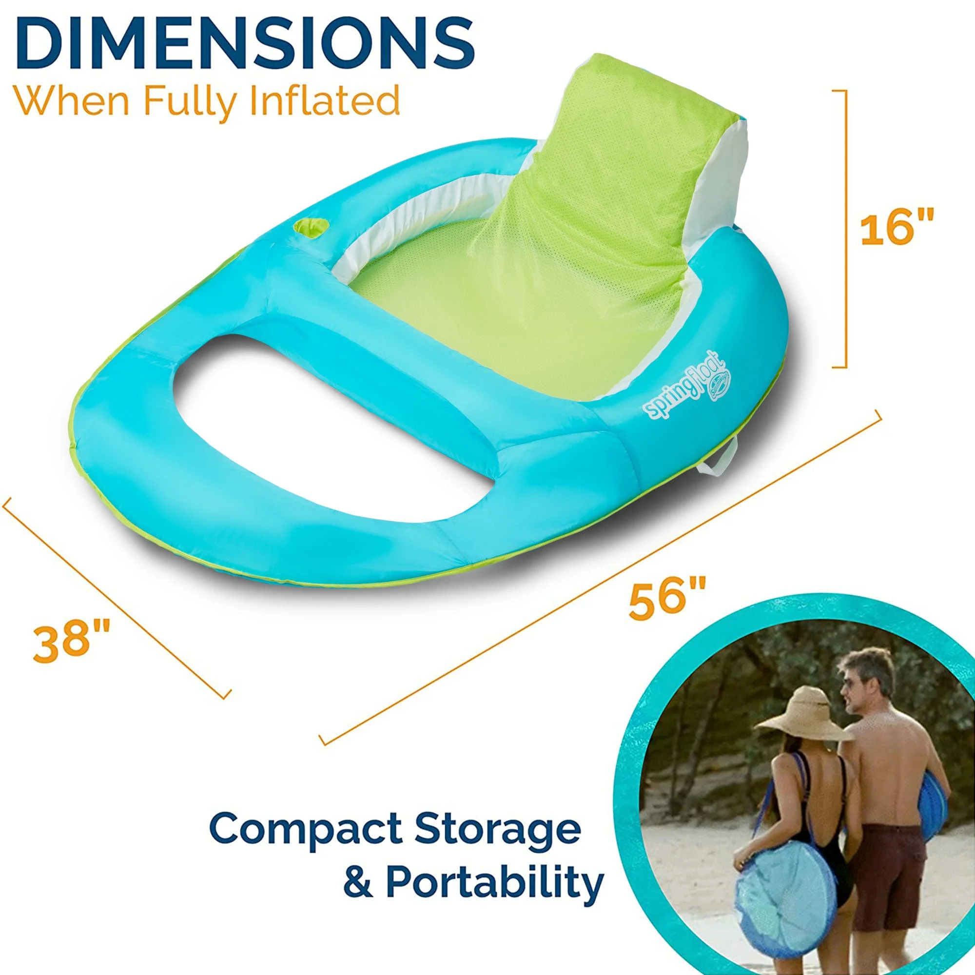 SwimWays Spring Float Inflatable Recliner Pool Lounger w/Cup Holder, Aqua & Lime - Image 9