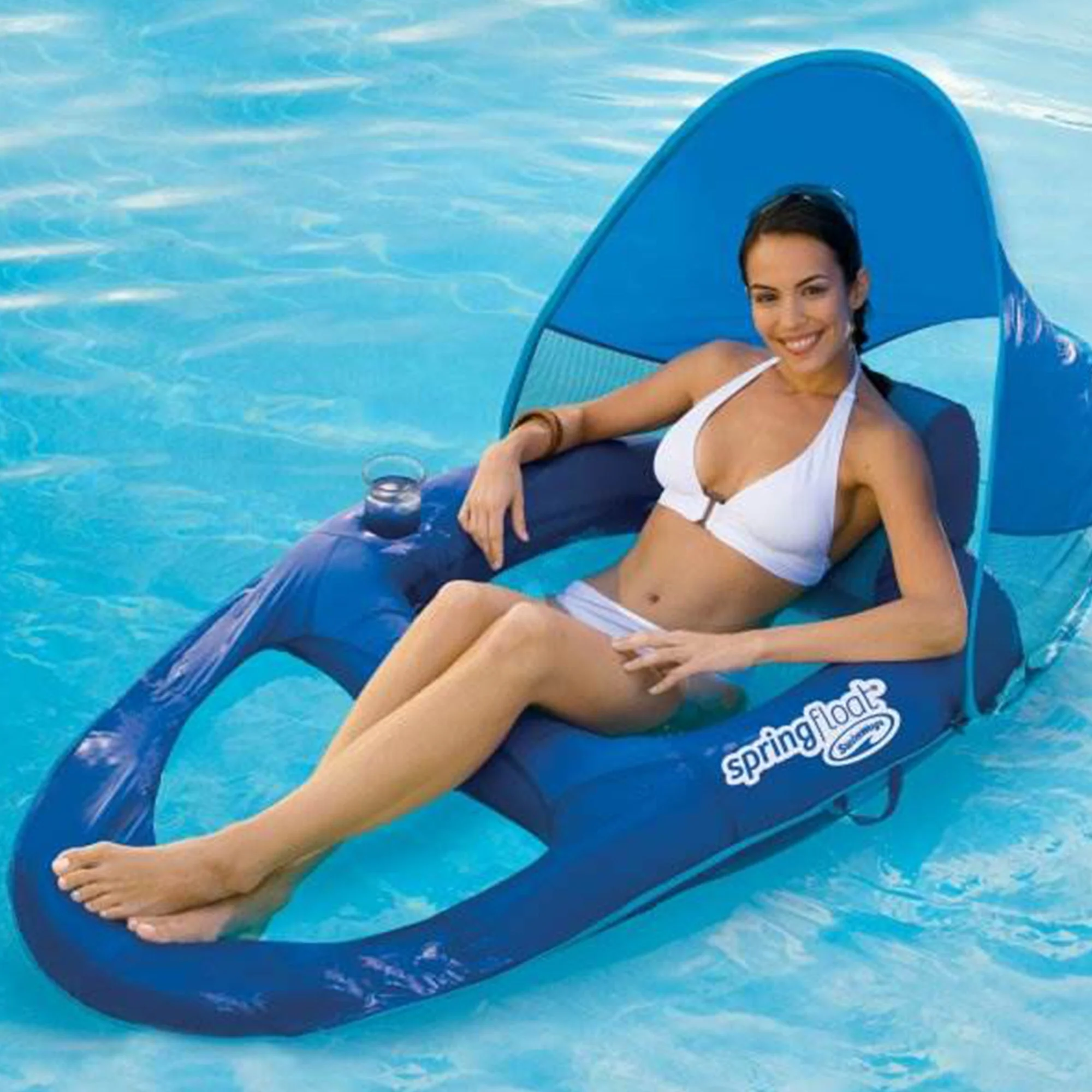 SwimWays Spring Float Recliner Pool Lounge Chair w/ Sun Canopy, Blue - Image 5