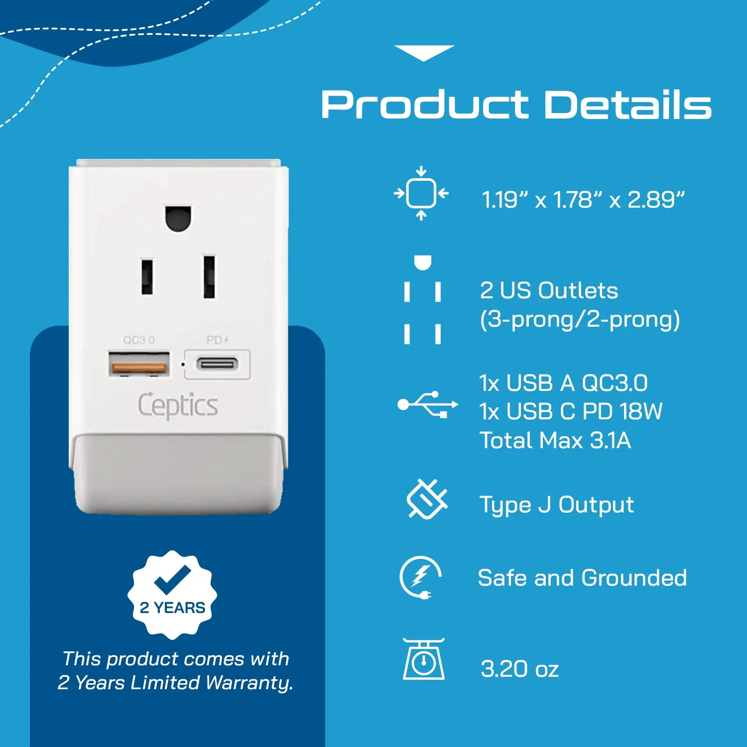 Switzerland Travel Adapter | Type J - USB-A & USB-C Ports + 2 USA Outlet (AP-11A) - Image 6