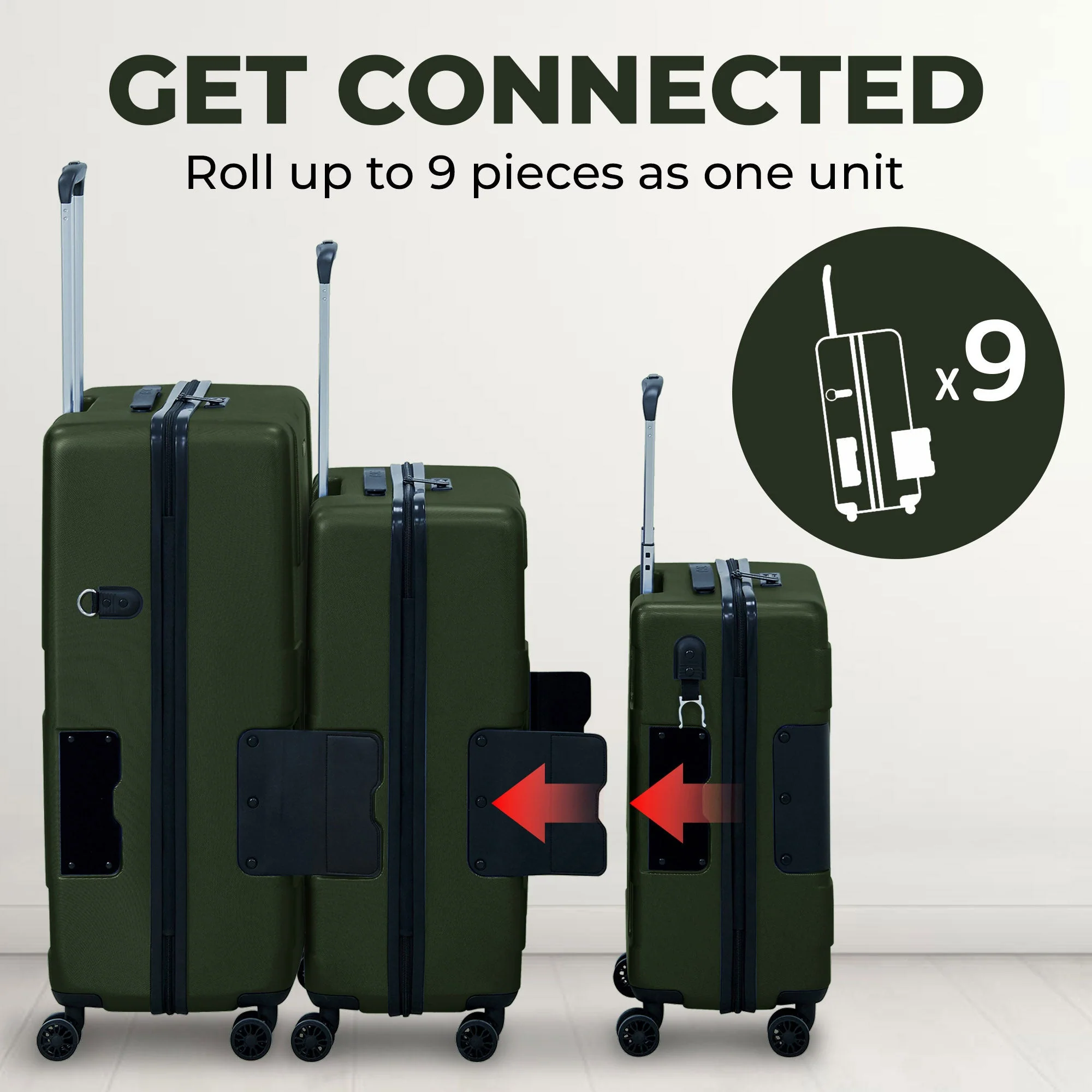 TACH V3.1 3 Piece Set Connectable Hard Shell Spinner Suitcase Luggage Set, Green - Image 4