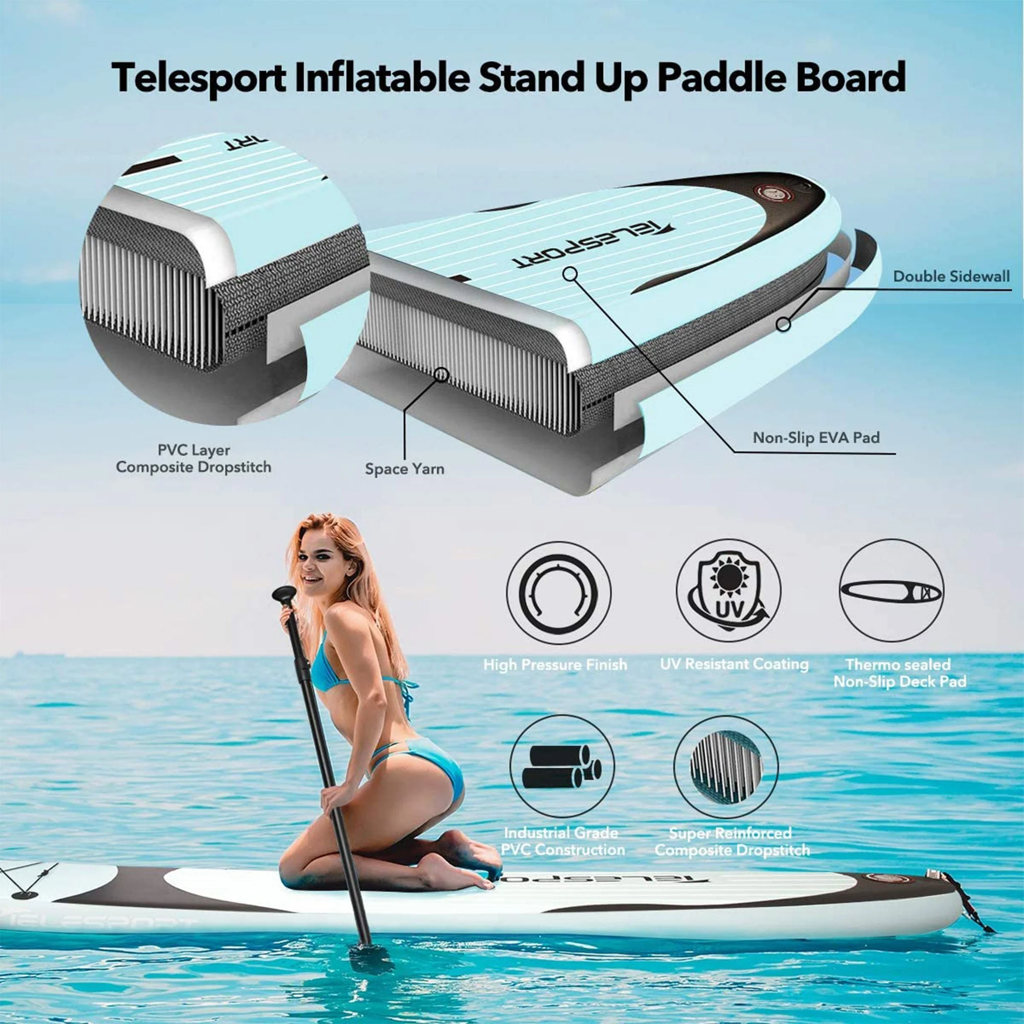 TELESPORT Paddle Boards Inflatable Stand Up Paddleboard with Accessories, Blue - Image 7