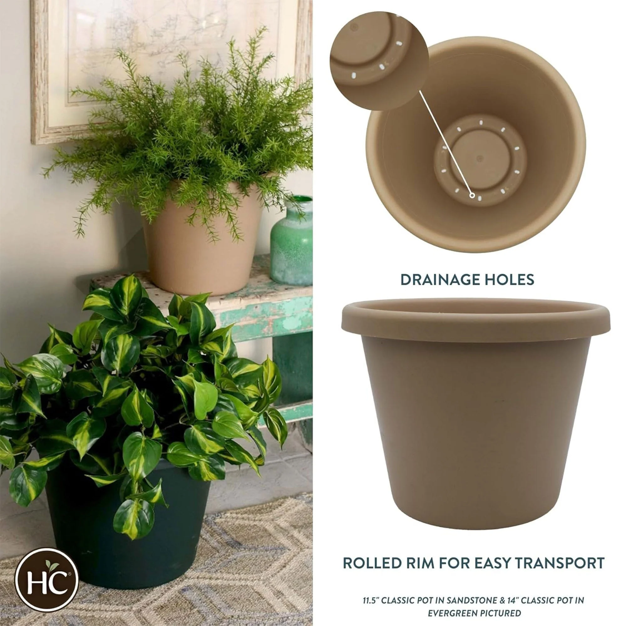 The HC Companies 16" Plastic Indoor Outdoor Classic Flower Pot Planter, Beige - Image 2