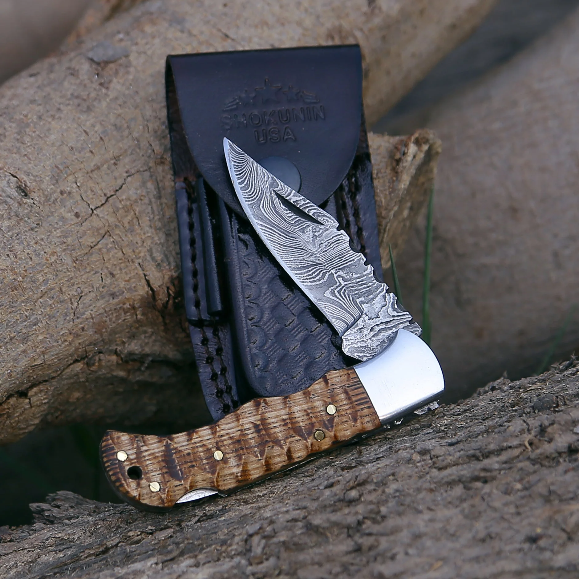 Thunderbolt Pocket Knife with Forged Charred Ash Wood Handle - Image 3