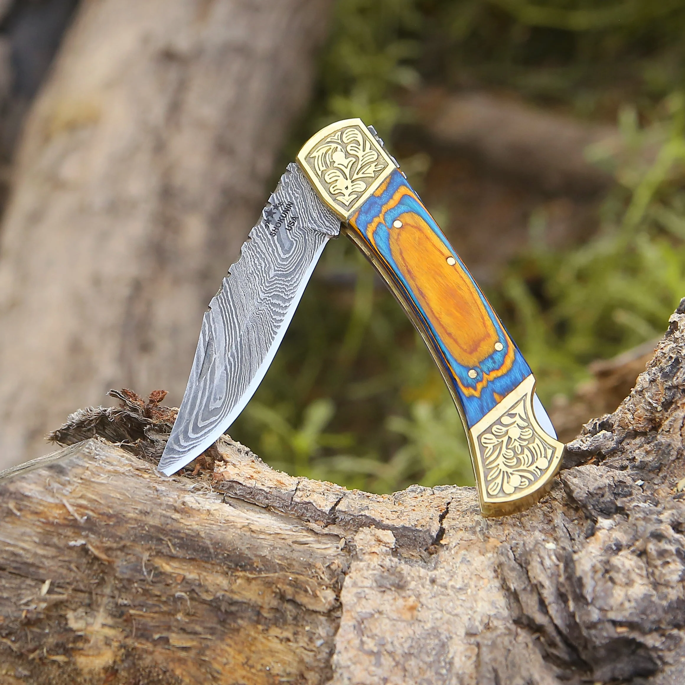 Thundersteel Handmade Damascus EDC Folding Knife with Leather Sheath & Pakkawood Handle - Image 2