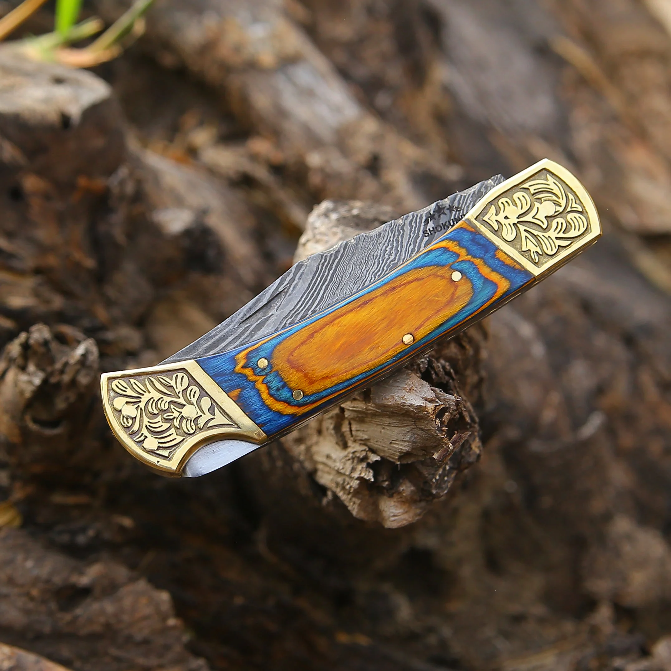 Thundersteel Handmade Damascus EDC Folding Knife with Leather Sheath & Pakkawood Handle - Image 4