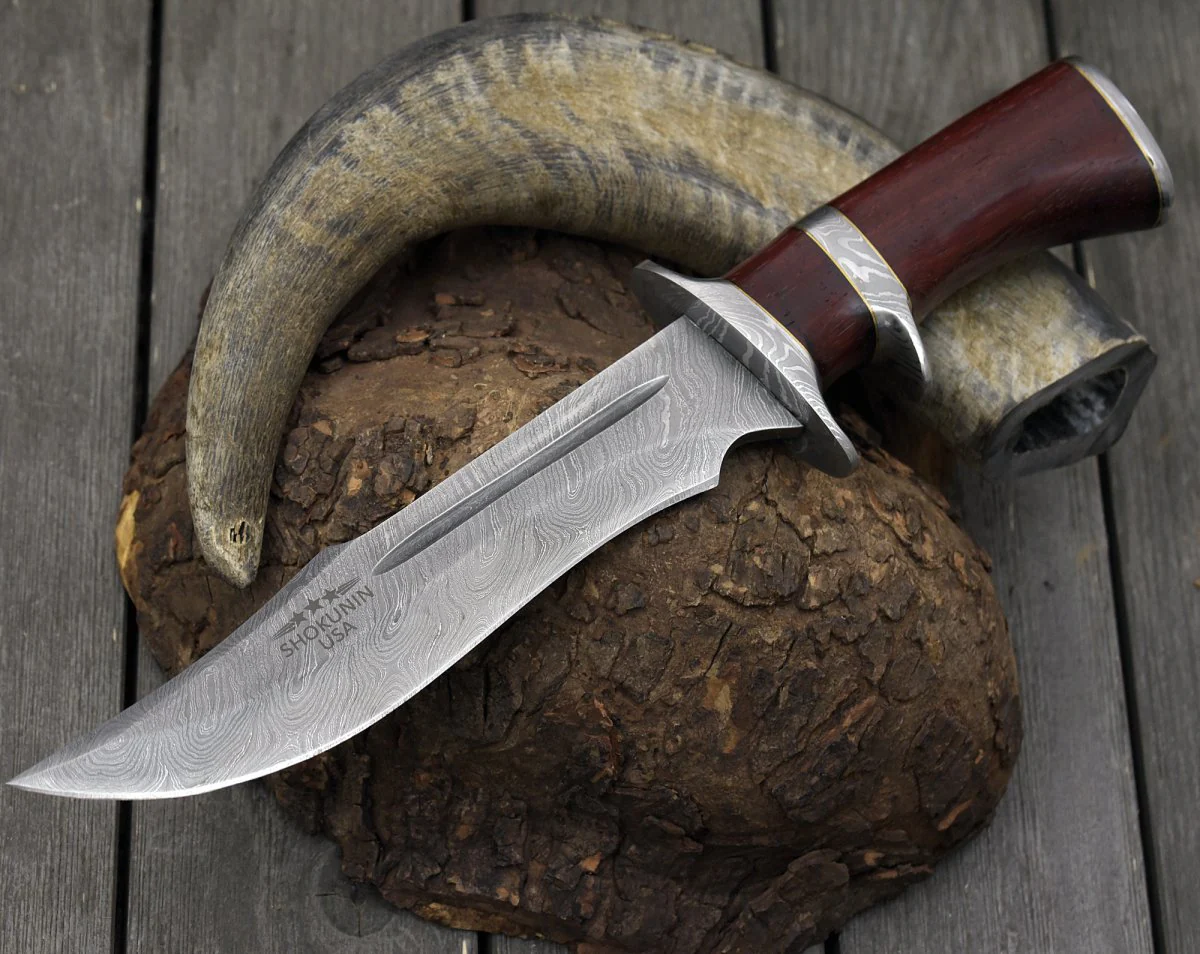 Tide Damascus Bowie Knife with Exotic Red Heart Wood Handle & Sheath - Image 3