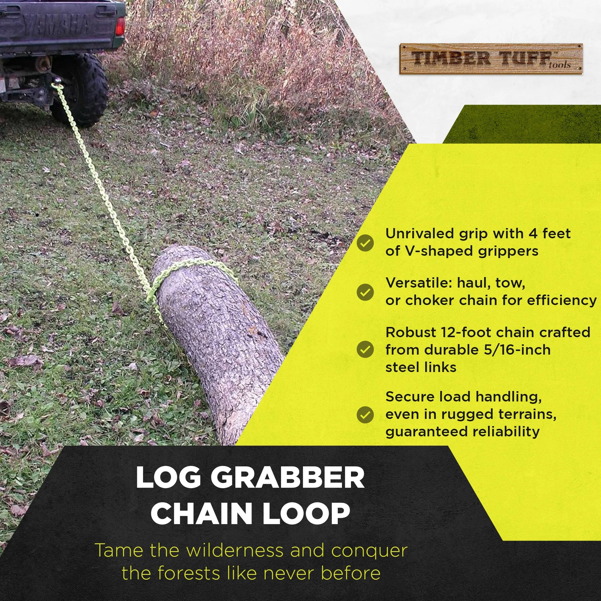 Timber Tuff TMW-20 12-Foot Log Grabber Chain Loop Slides Over 2" Ball, Green - Image 2