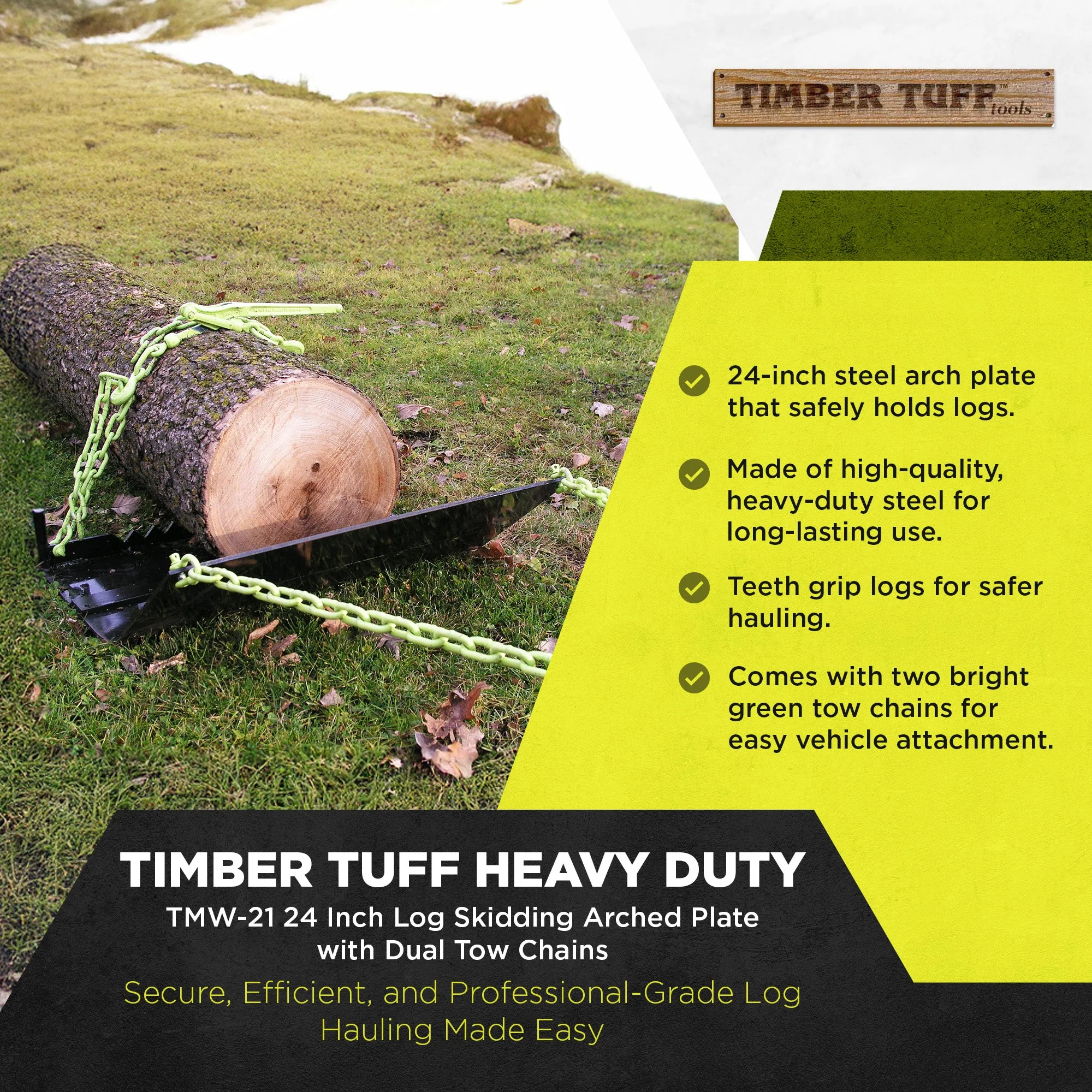 Timber Tuff TMW-21 24 Inch Log Skidding Arched Plate with Dual Tow Chains, Black - Image 2
