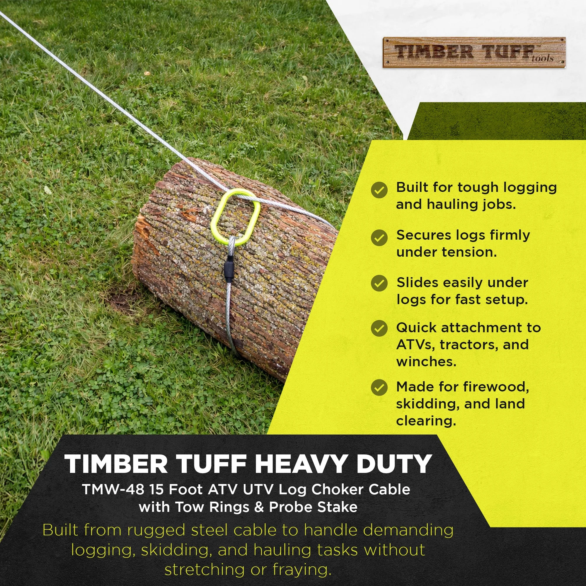 Timber Tuff TMW-48 15 Foot ATV UTV Log Choker Cable with Tow Rings & Probe Stake - Image 2