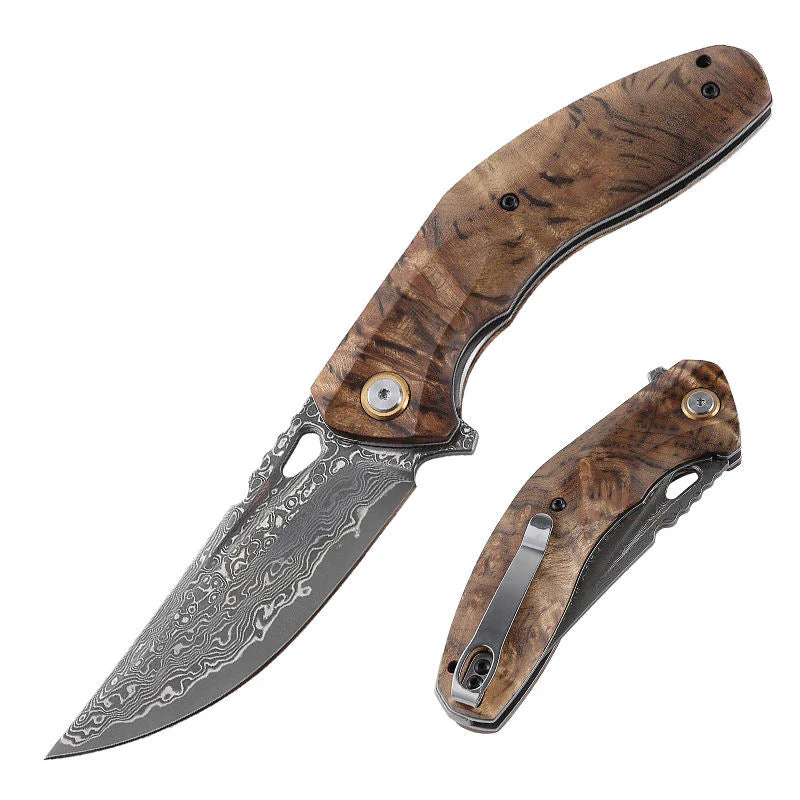 Tomahawk Damascus Pocket Knife with Clip and Exotic Olive Wood Handle - Image 3