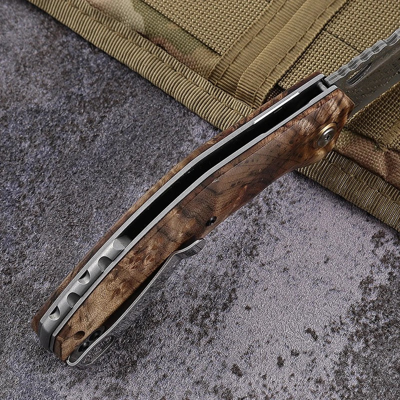 Tomahawk Damascus Pocket Knife with Clip and Exotic Olive Wood Handle - Image 7