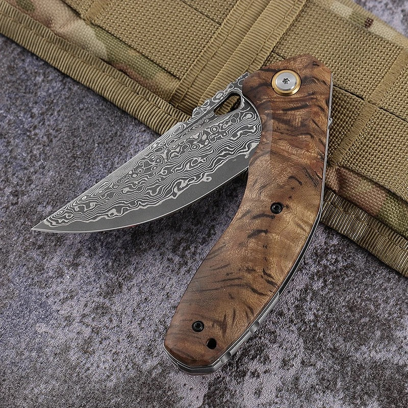 Tomahawk Damascus Pocket Knife with Clip and Exotic Olive Wood Handle - Image 8