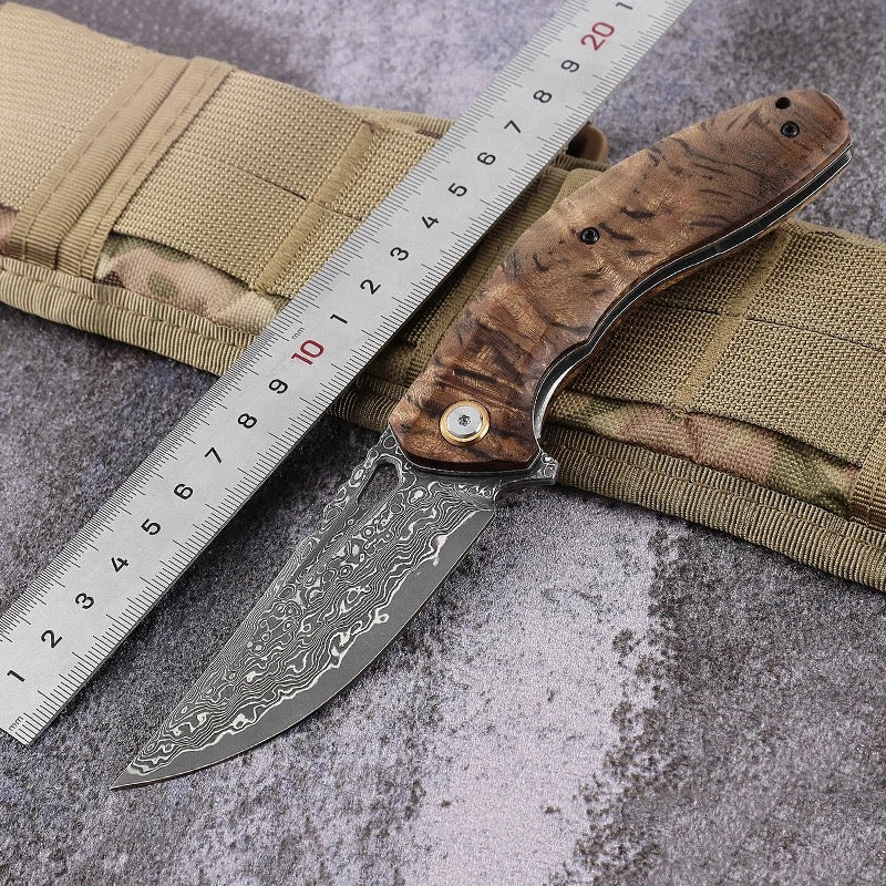 Tomahawk Damascus Pocket Knife with Clip and Exotic Olive Wood Handle - Image 9