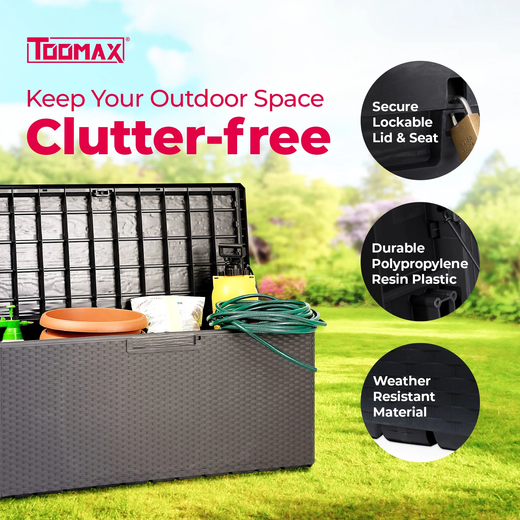 Toomax Portofino Large 90 Gallon Plastic Outdoor Storage Backyard Deck Box, Gray - Image 2