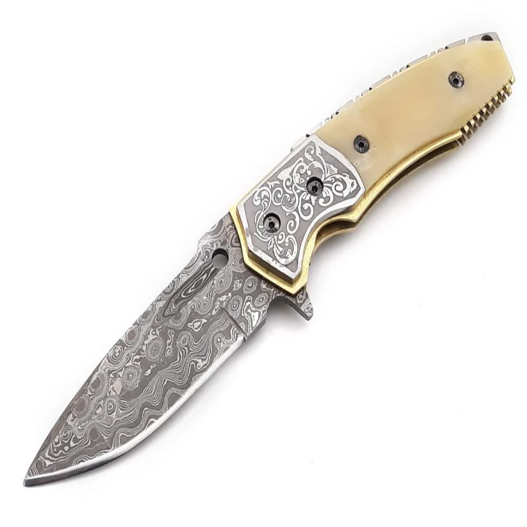 Trailblazer Damascus Pocket Knife with Bone Handle - Image 2